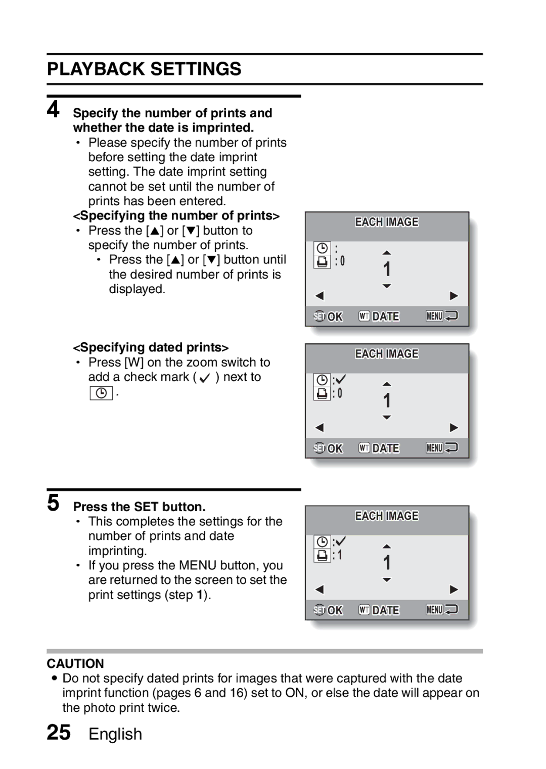 Sanyo VPC-X1200GX, VPC-X1200EX instruction manual Specifying the number of prints, Specifying dated prints 