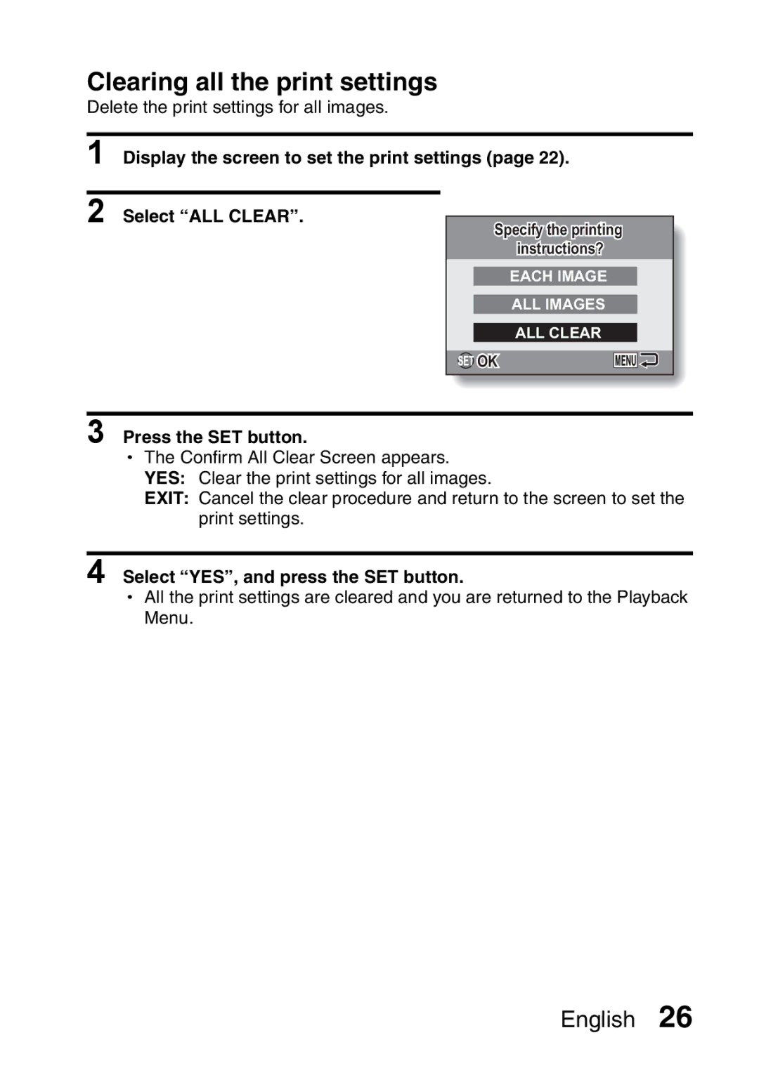 Sanyo VPC-X1200GX, VPC-X1200EX instruction manual Clearing all the print settings, Select YES, and press the SET button 