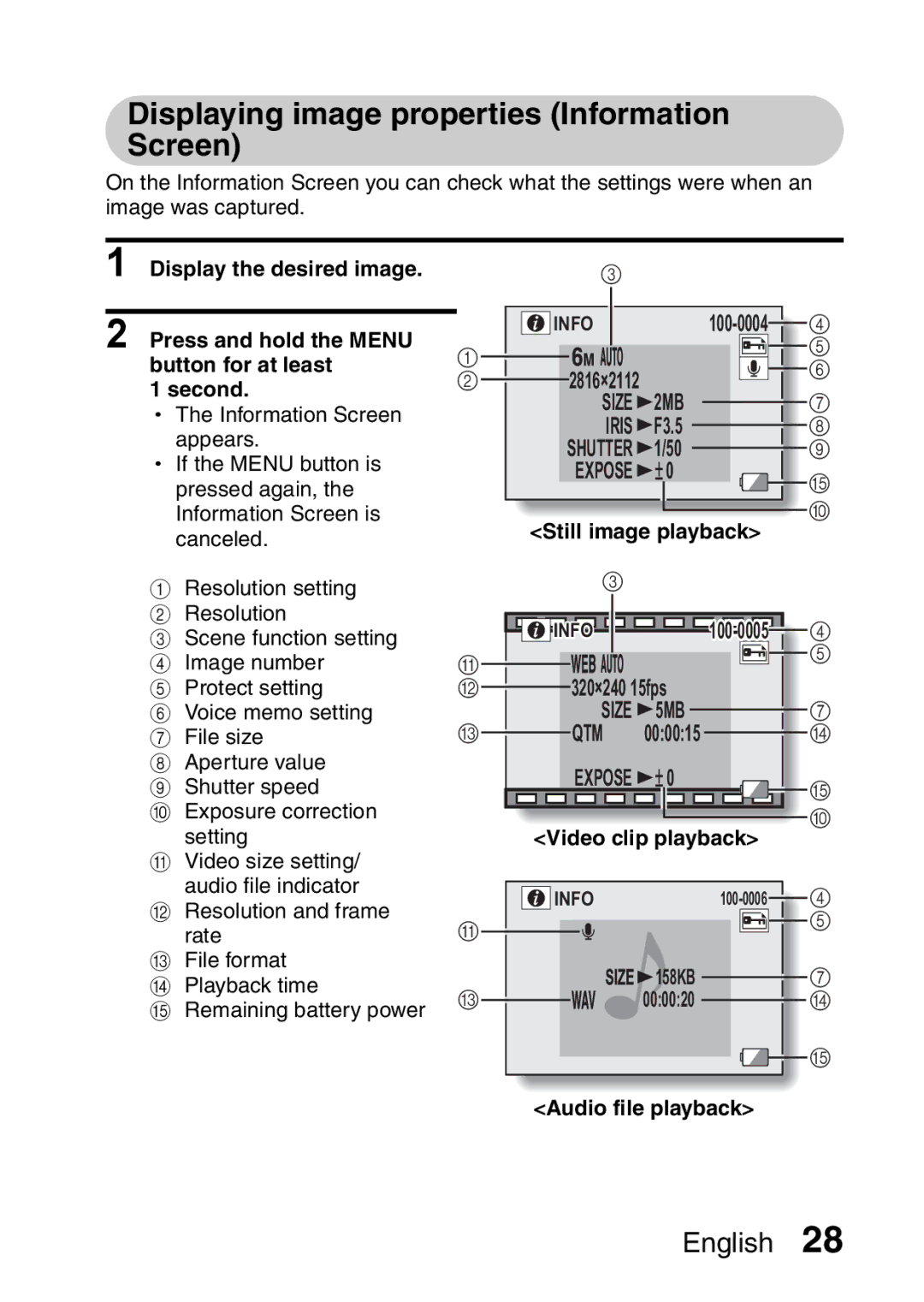 Sanyo VPC-X1200 Displaying image properties Information Screen, Display the desired image Press and hold the Menu 