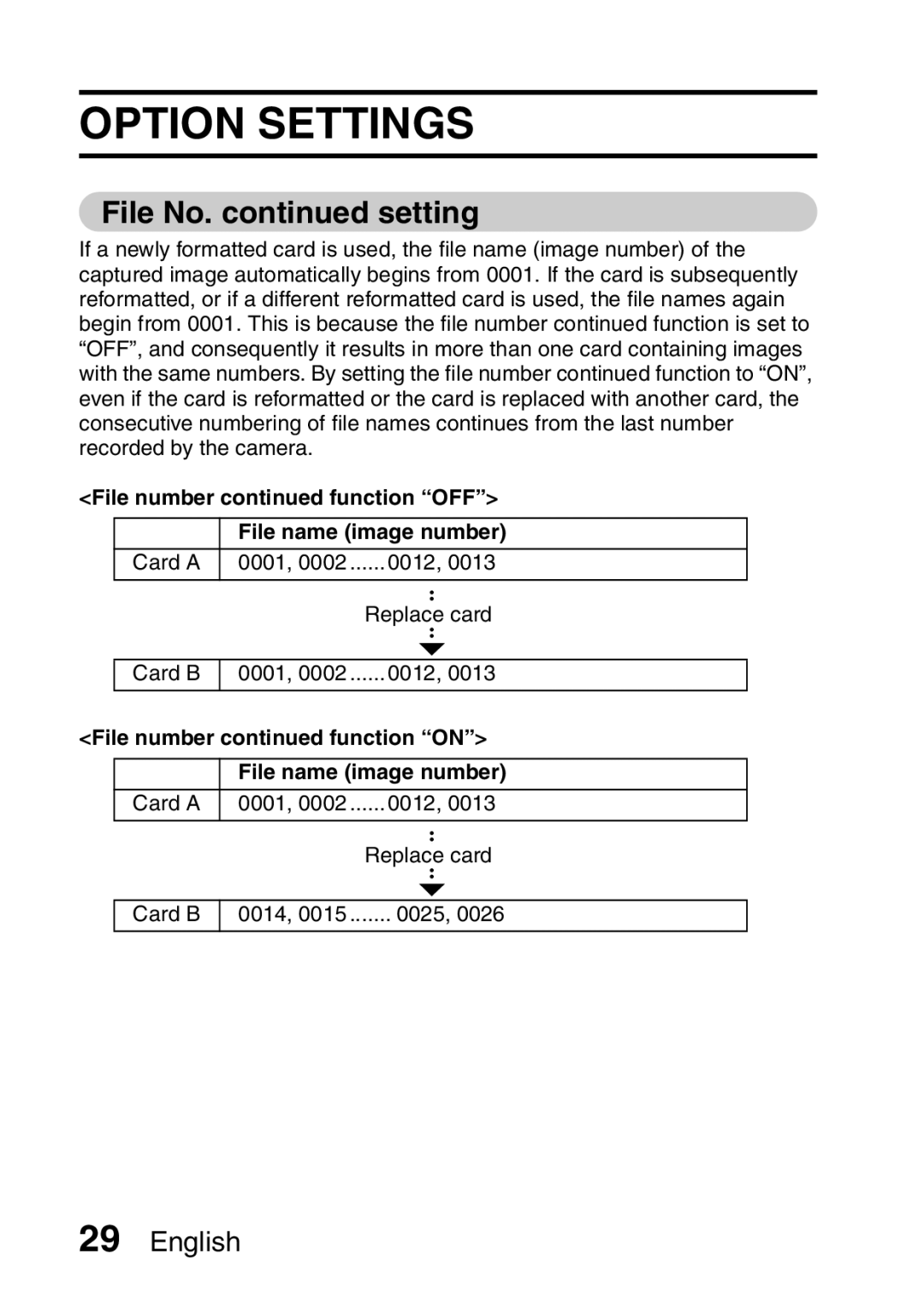 Sanyo VPC-X1200GX, VPC-X1200EX Option Settings, File No. setting, File number function OFF File name image number 