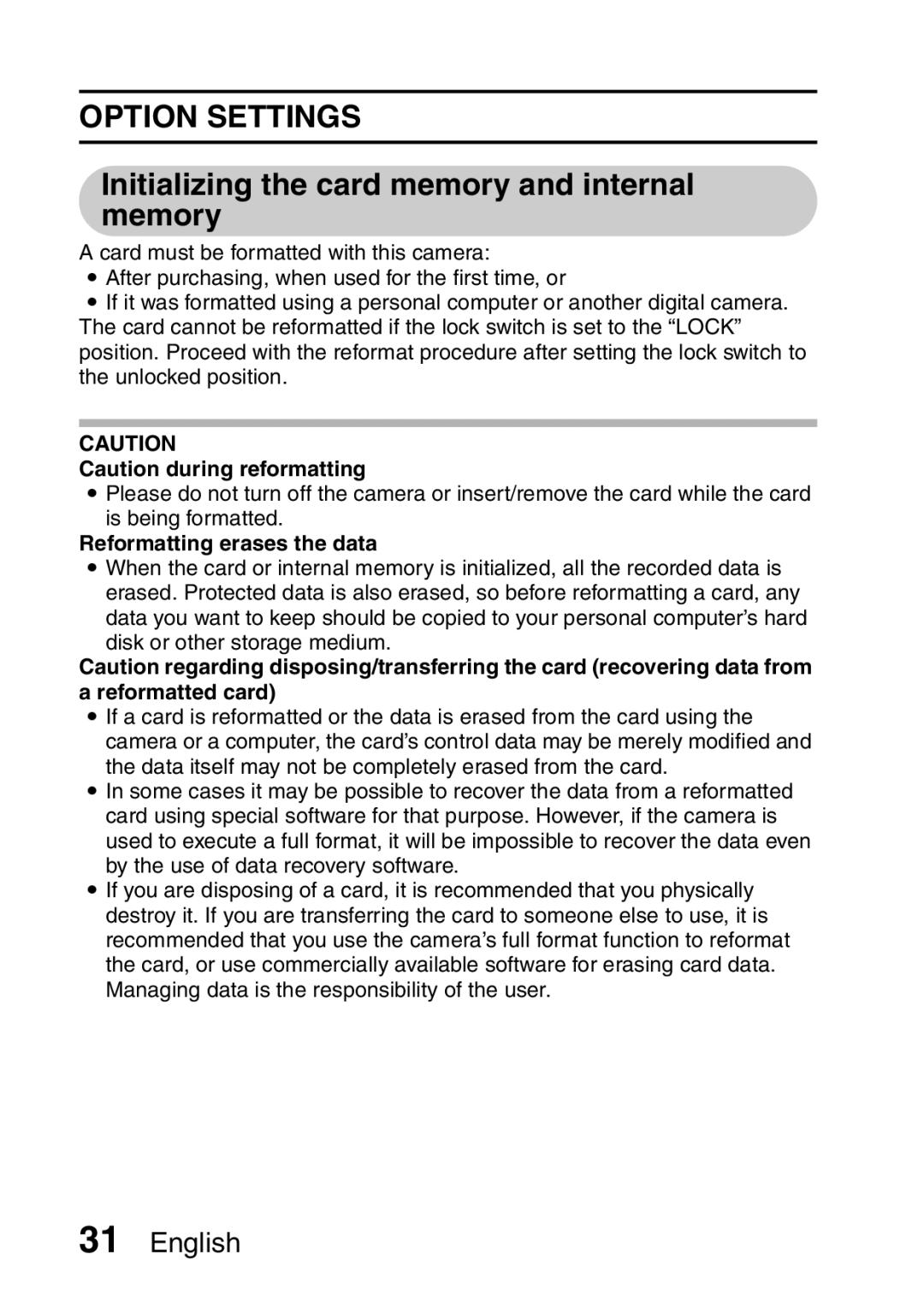 Sanyo VPC-X1200 Option Settings, Initializing the card memory and internal memory, Reformatting erases the data 