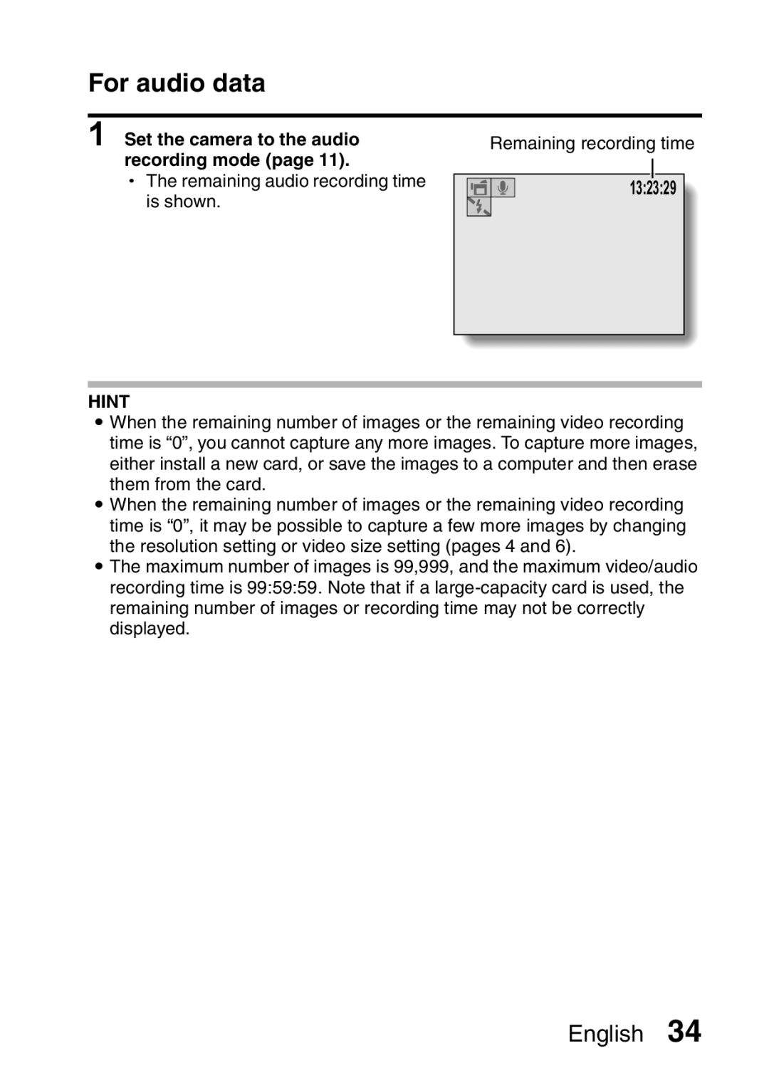 Sanyo VPC-X1200GX, VPC-X1200EX instruction manual For audio data, Set the camera to the audio, Recording mode 