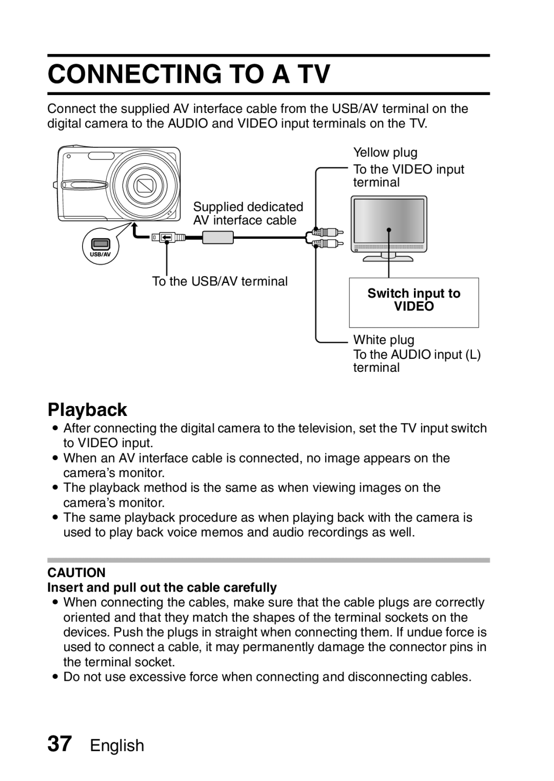 Sanyo VPC-X1200GX, VPC-X1200EX Connecting to a TV, Playback, Switch input to, Insert and pull out the cable carefully 