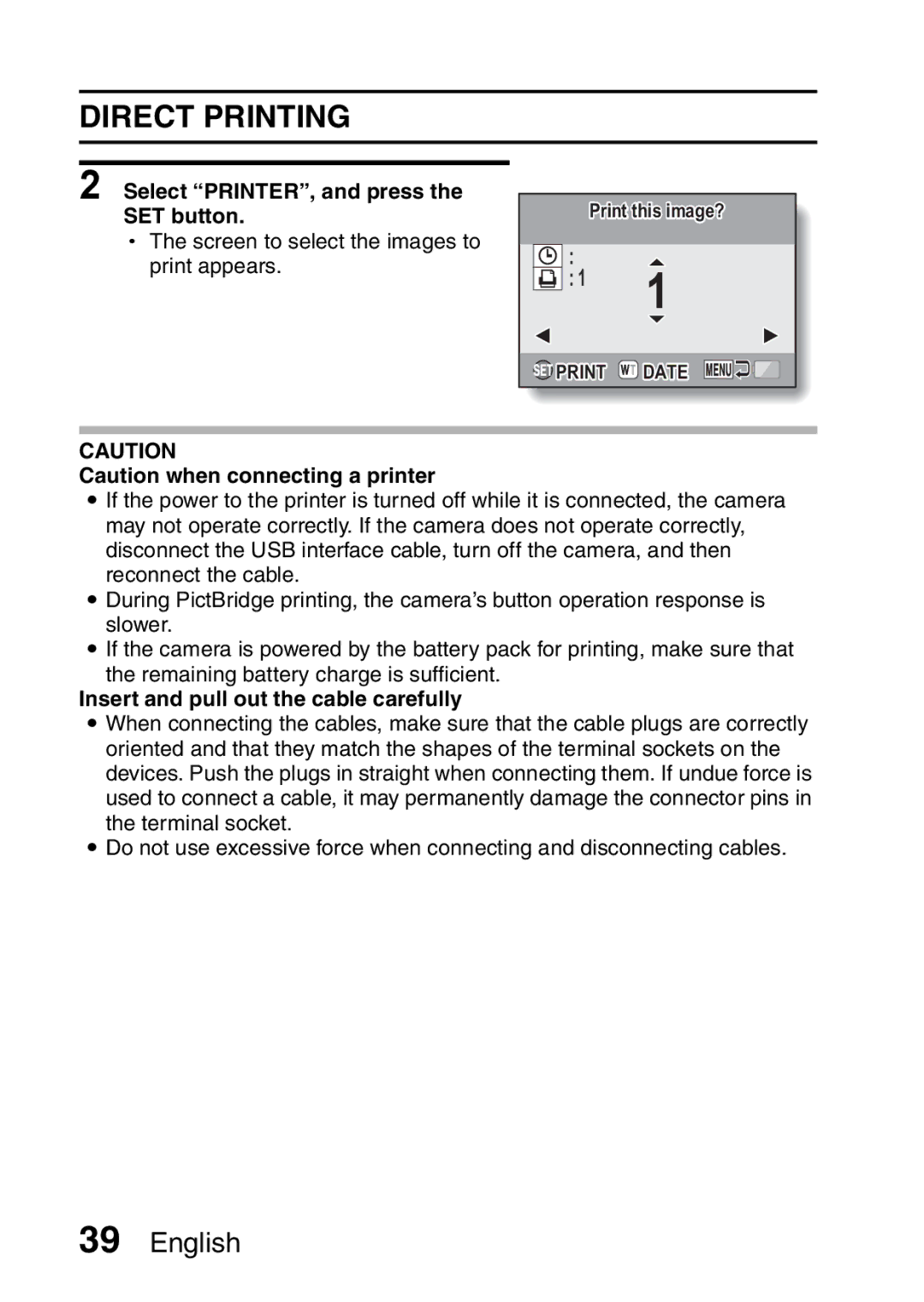 Sanyo VPC-X1200EX, VPC-X1200GX instruction manual Direct Printing, Select PRINTER, and press the SET button 