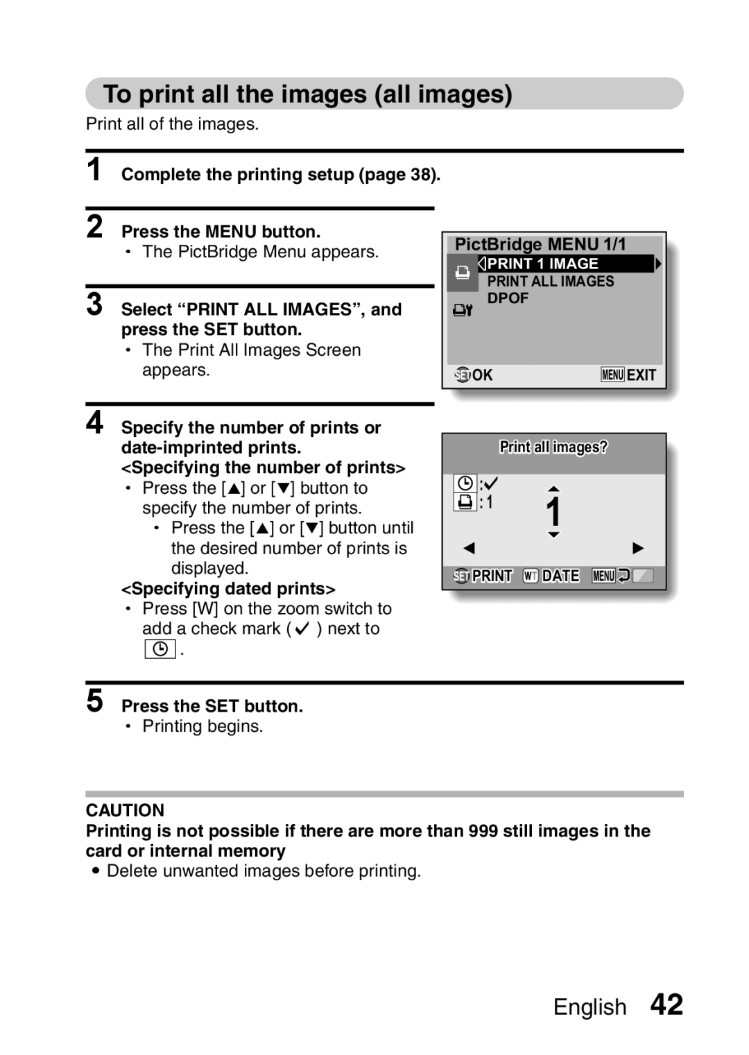 Sanyo VPC-X1200EX, VPC-X1200GX To print all the images all images, Complete the printing setup Press the Menu button 