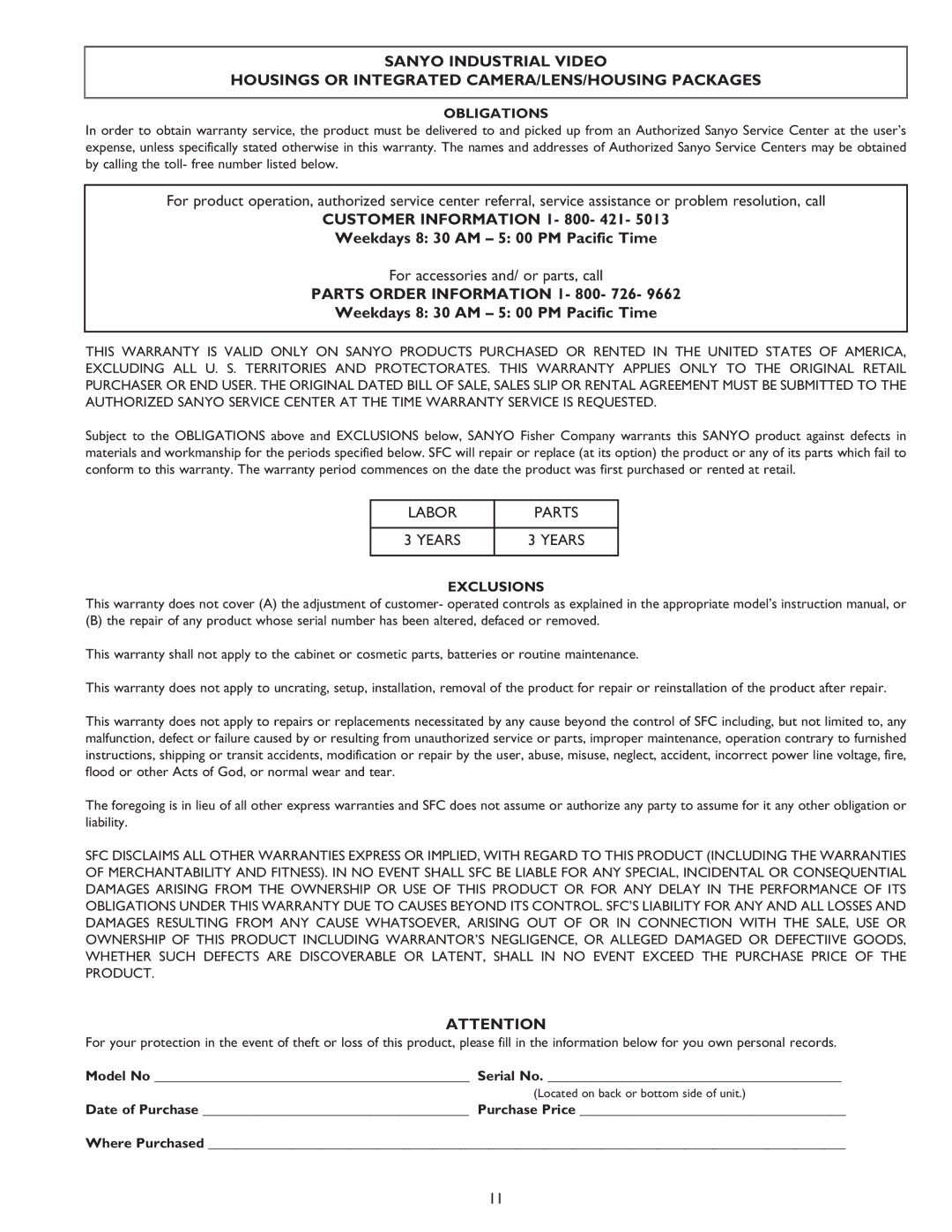 Sanyo VSE-2300, VSE-2400 instruction manual Parts Order Information 1- 800- 726, Obligations 