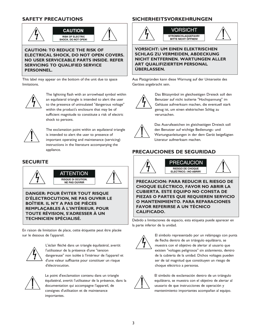 Sanyo VSE-2300, VSE-2400 instruction manual Safety Precautions Sicherheitsvorkehrungen, Securite, Precauciones DE Seguridad 