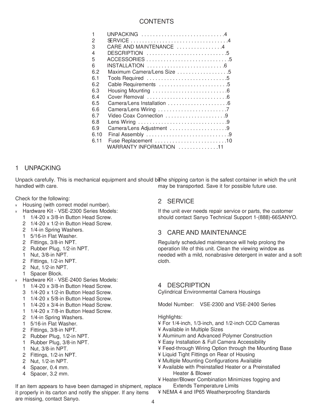 Sanyo VSE-2400, VSE-2300 instruction manual Contents, Unpacking, Service, Care and Maintenance, Description 