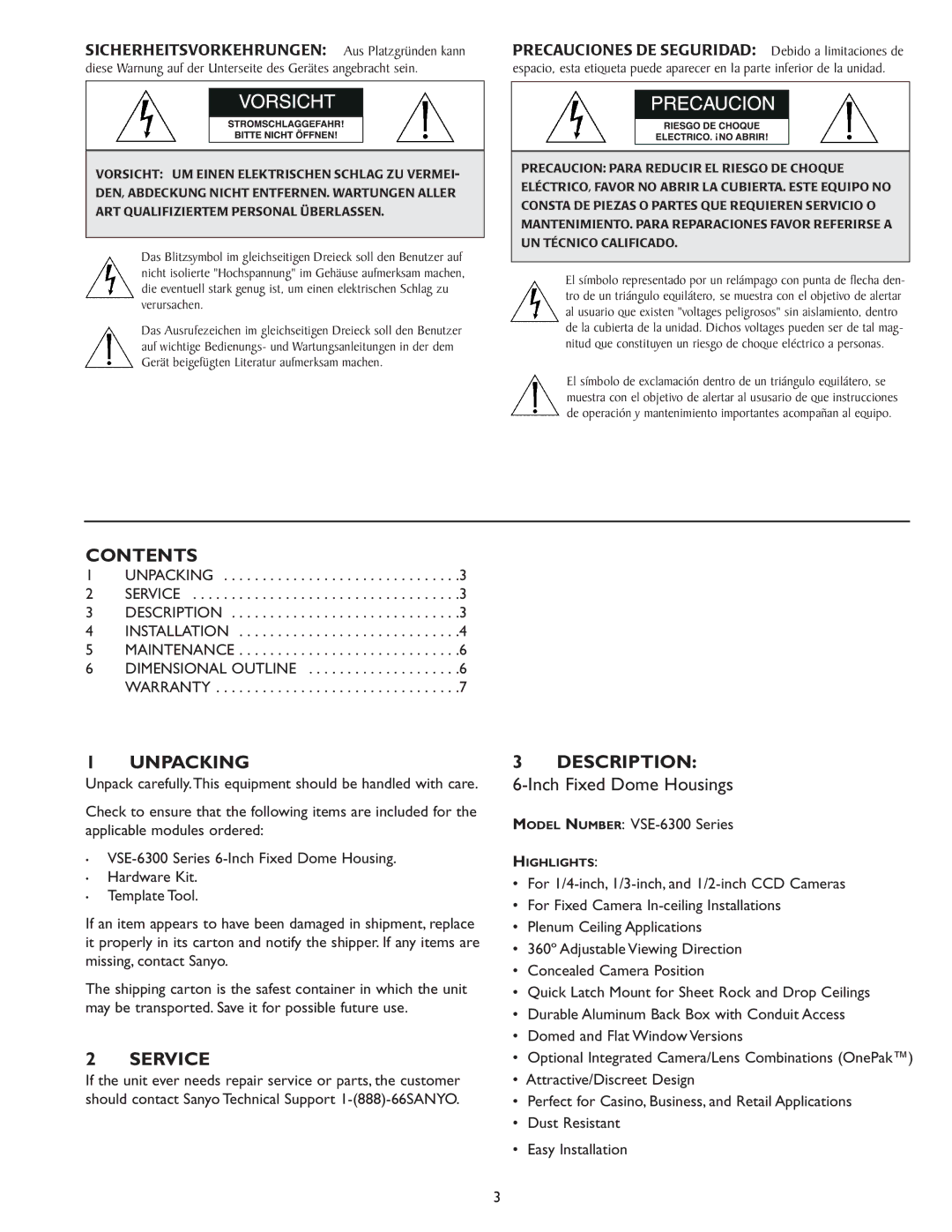 Sanyo VSE-6300 instruction manual Contents, Unpacking, Service, Description 