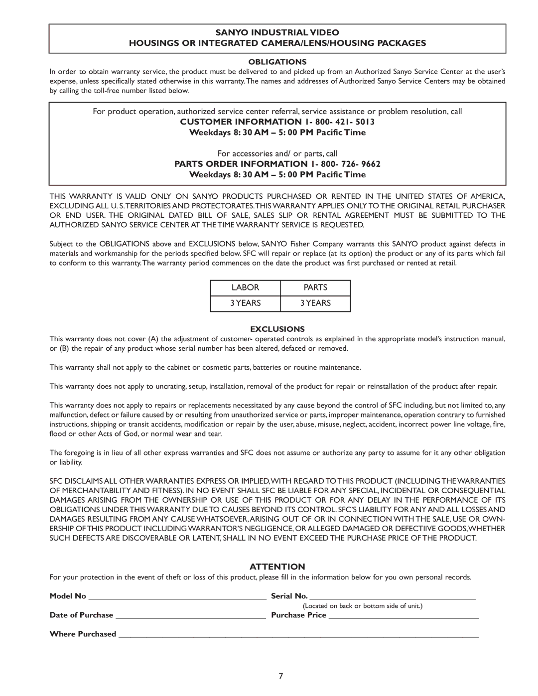 Sanyo VSE-6300 instruction manual For accessories and/ or parts, call, Parts Order Information 1- 800- 726, Labor Parts 