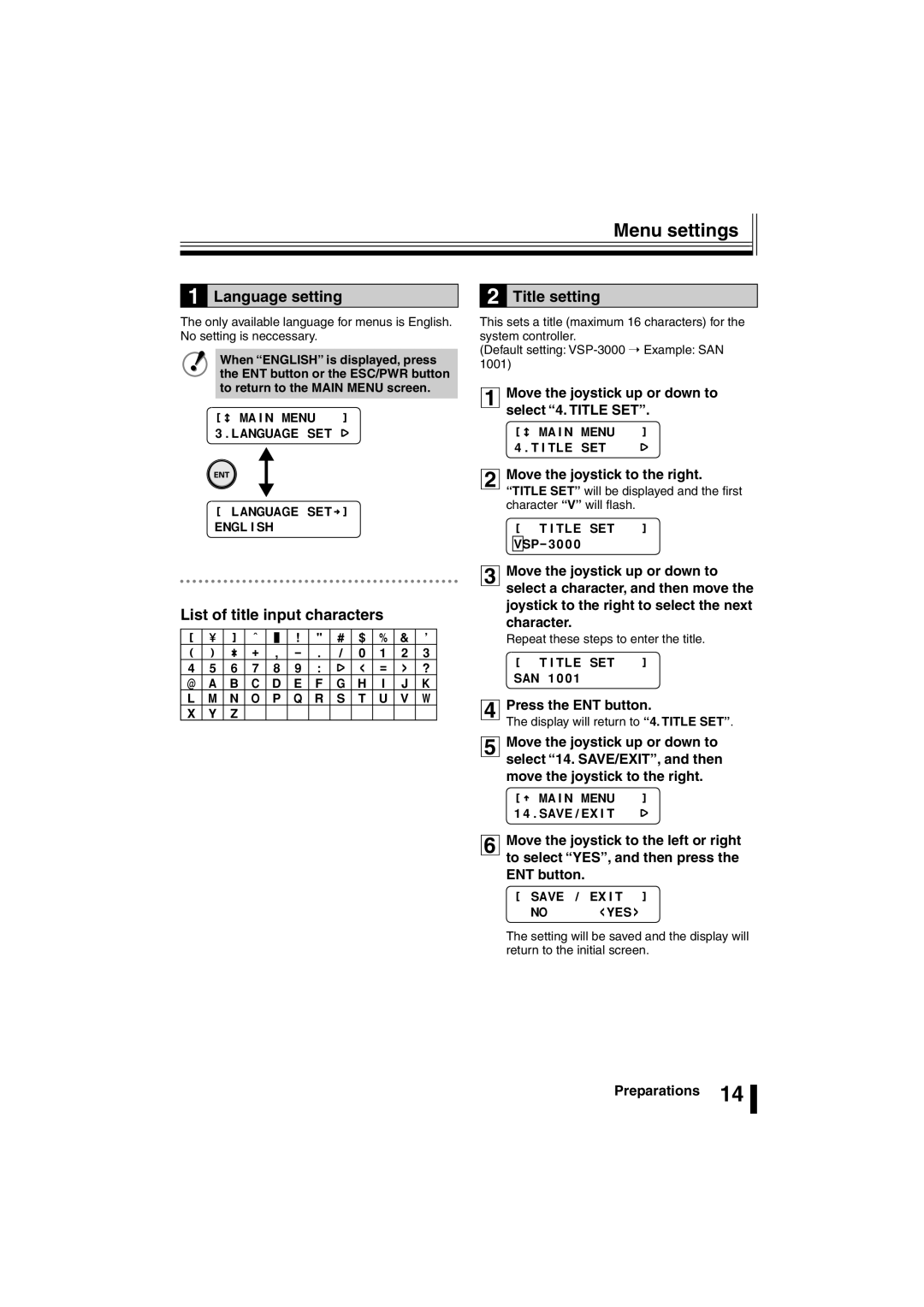 Sanyo VSP-3000 instruction manual Language setting, List of title input characters 