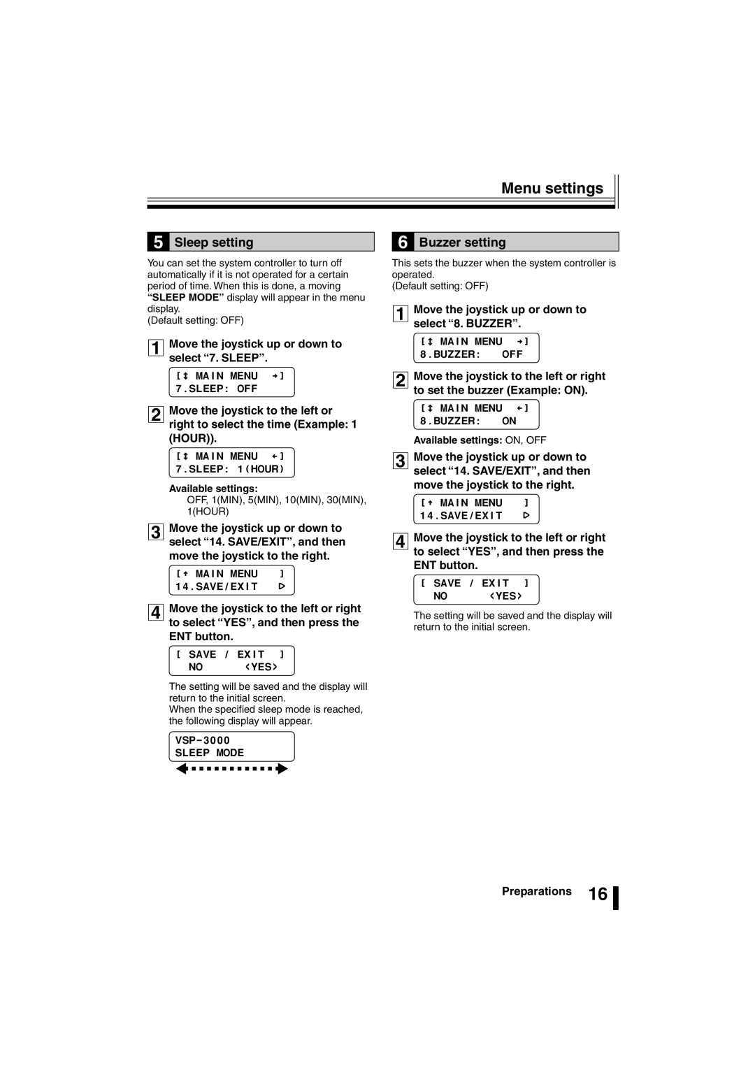 Sanyo VSP-3000 instruction manual Sleep setting, Buzzer setting 