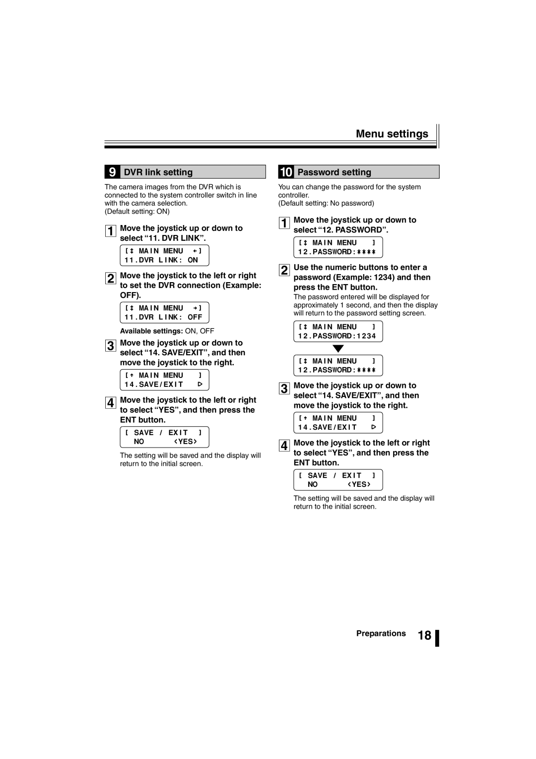 Sanyo VSP-3000 instruction manual DVR link setting, Password setting, 1Move the joystick up or down to select 11. DVR Link 