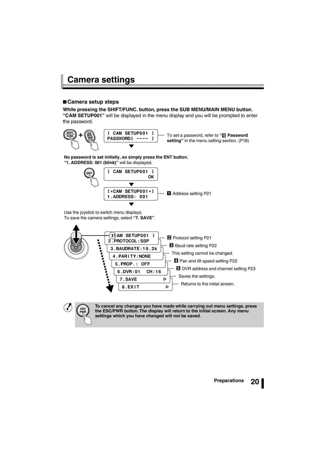 Sanyo VSP-3000 instruction manual Camera settings, Camera setup steps, CAM SETUP001, Password 