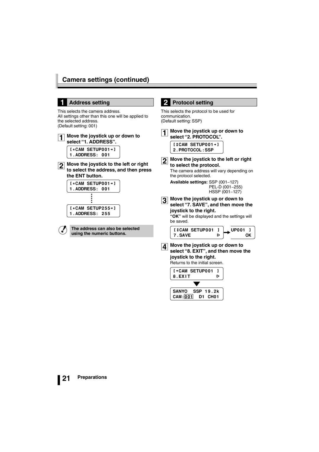 Sanyo VSP-3000 Camera settings, Address setting, Protocol setting, 1Move the joystick up or down to select 1. Address 