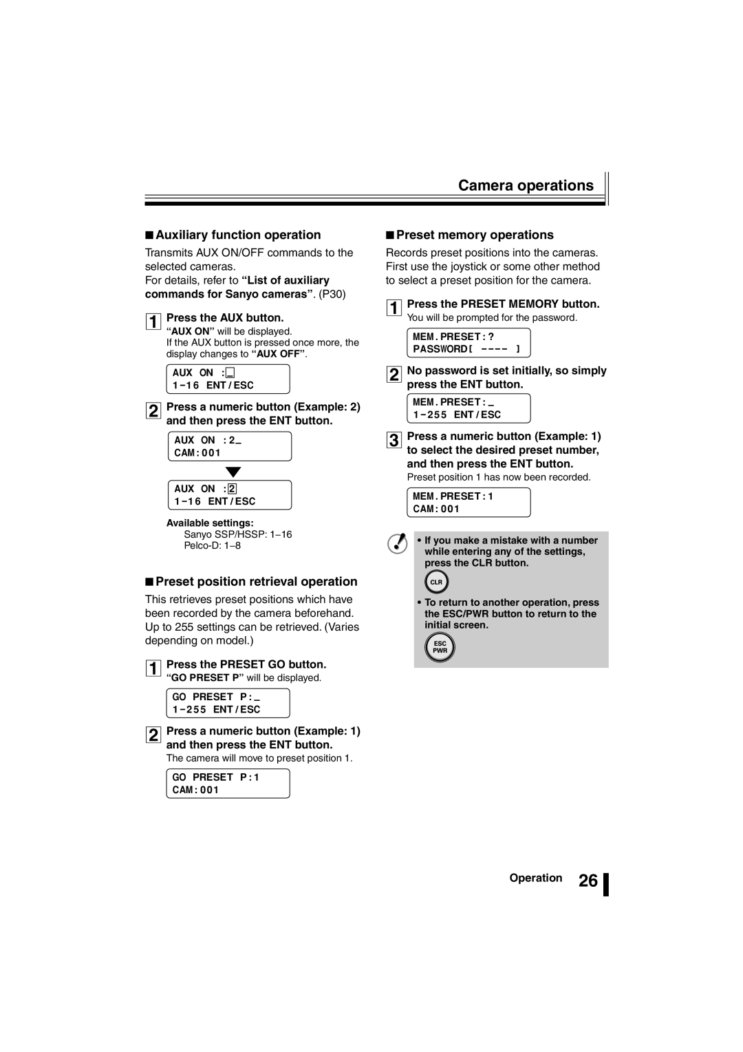 Sanyo VSP-3000 Auxiliary function operation, Preset position retrieval operation, Preset memory operations 