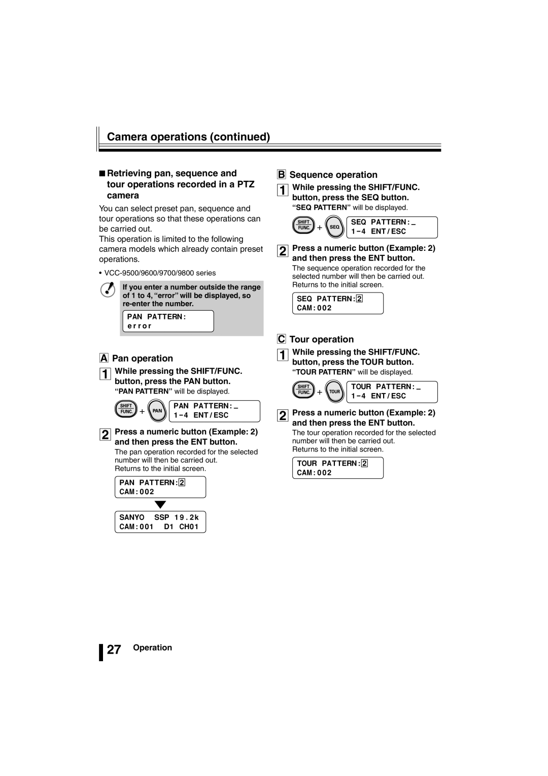 Sanyo VSP-3000 instruction manual Pan operation, Sequence operation, Tour operation 