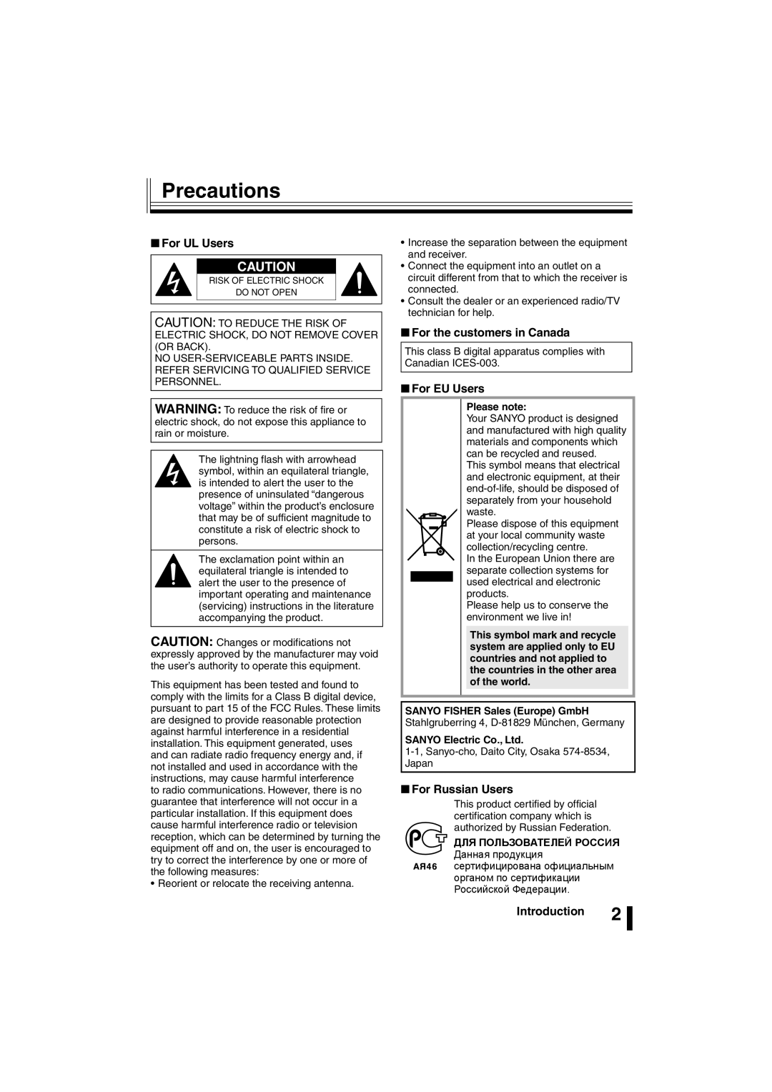 Sanyo VSP-3000 instruction manual Precautions, For UL Users, For the customers in Canada, For EU Users, For Russian Users 