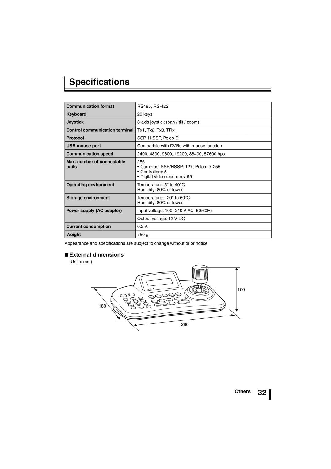 Sanyo VSP-3000 instruction manual Speciﬁcations, External dimensions 