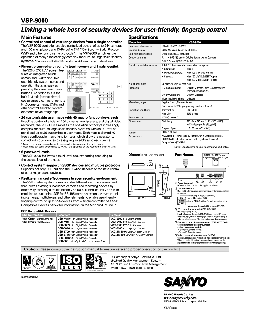 Sanyo VSP-9000 manual Main Features, Specifications, password levels, Part Names, SMS000, SSP Compatible Devices 