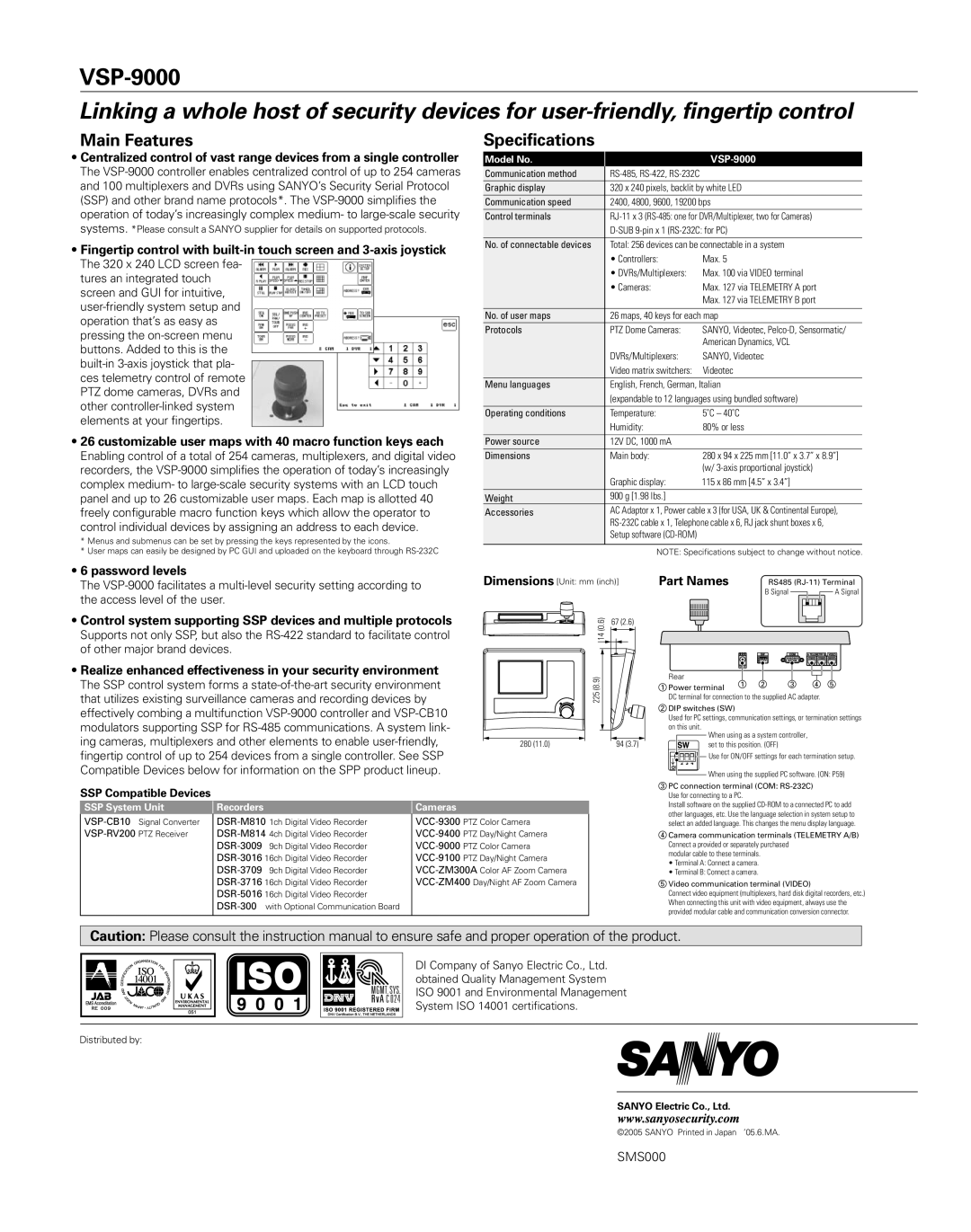 Sanyo VSP-9000 manual Main Features, Specifications, Password levels, Part Names 