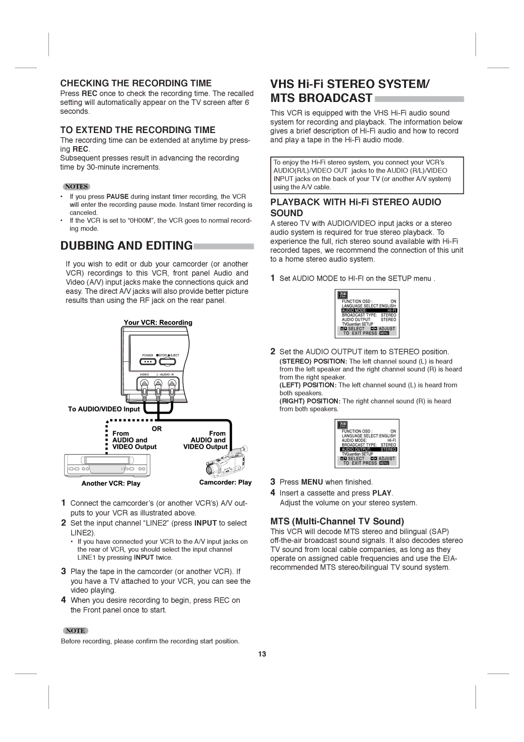 Sanyo VWM-900 instruction manual Dubbing and Editing, Checking the Recording Time, To Extend the Recording Time 