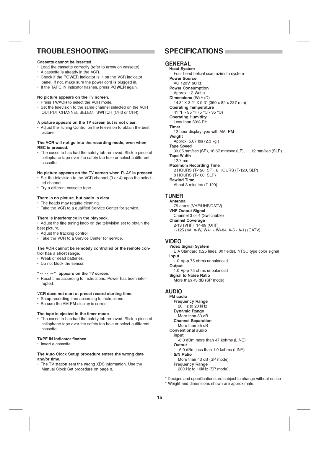 Sanyo VWM-900 instruction manual Troubleshooting, Specifications 