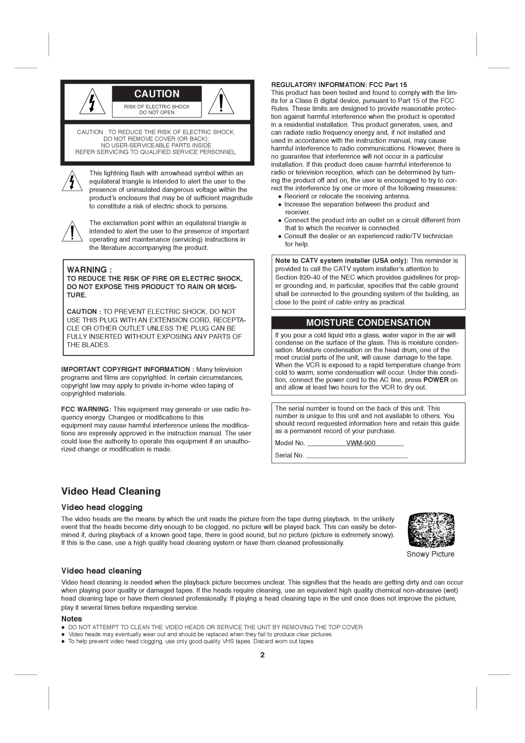 Sanyo VWM-900 instruction manual Snowy Picture, Regulatory Information FCC Part 