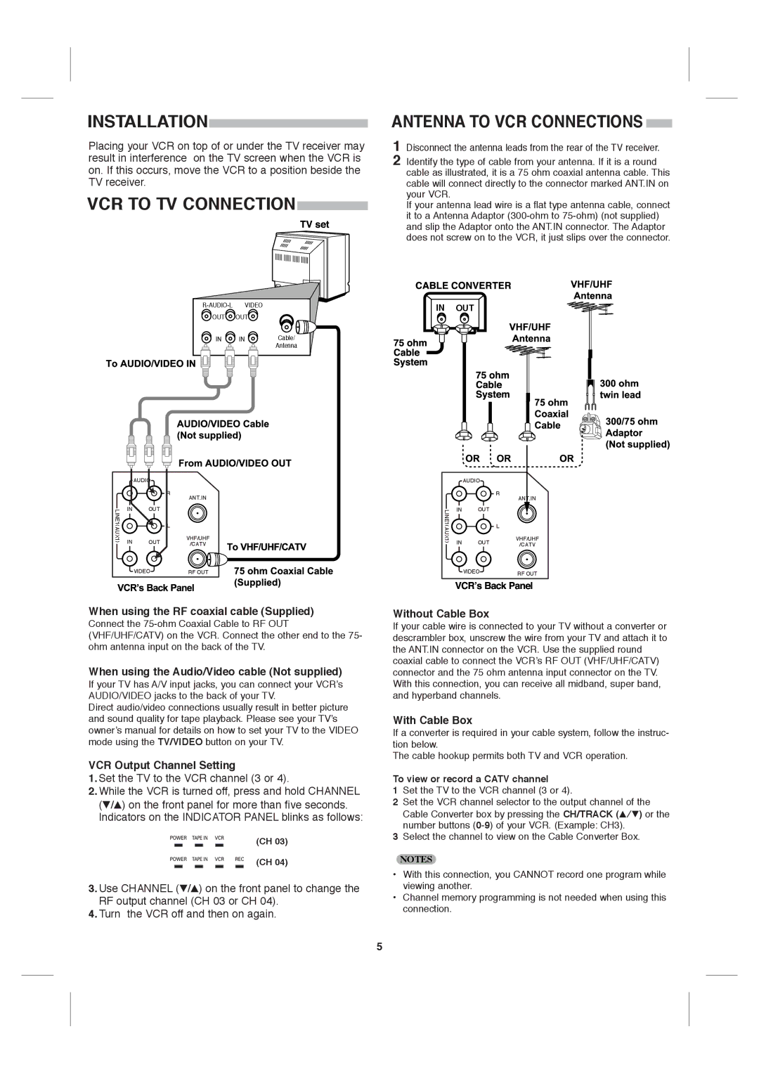 Sanyo VWM-900 instruction manual Installation, VCR to TV Connection, Antenna to VCR Connections 