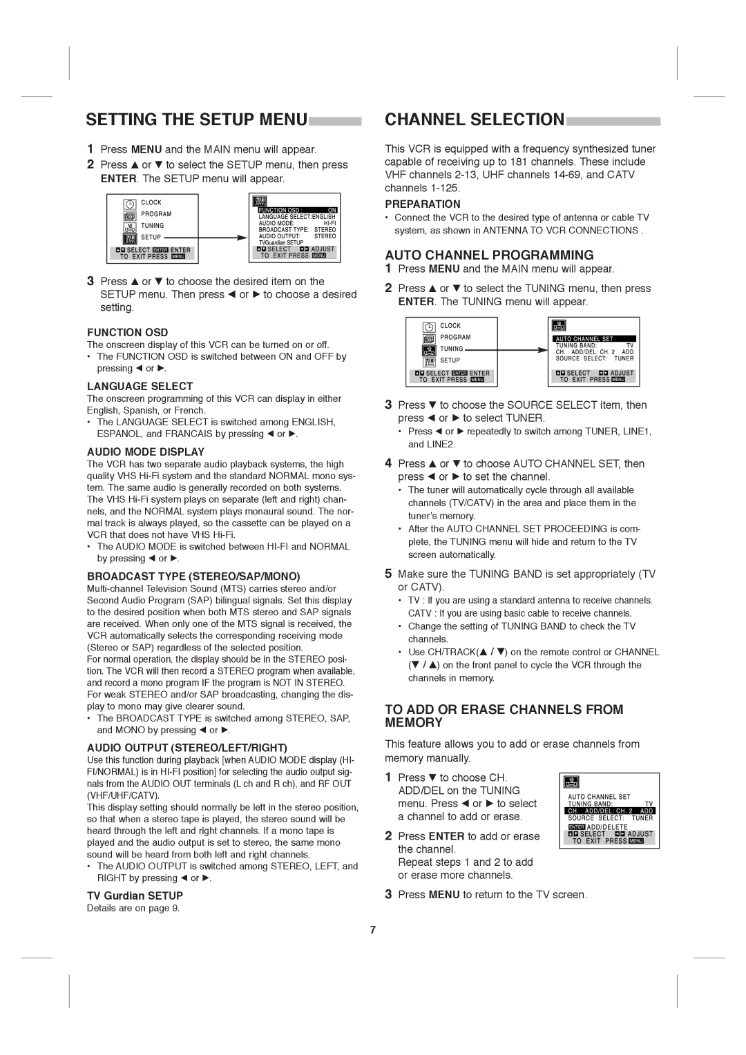 Sanyo VWM-900 Setting the Setup Menu, Channel Selection, Auto Channel Programming, To ADD or Erase Channels from Memory 