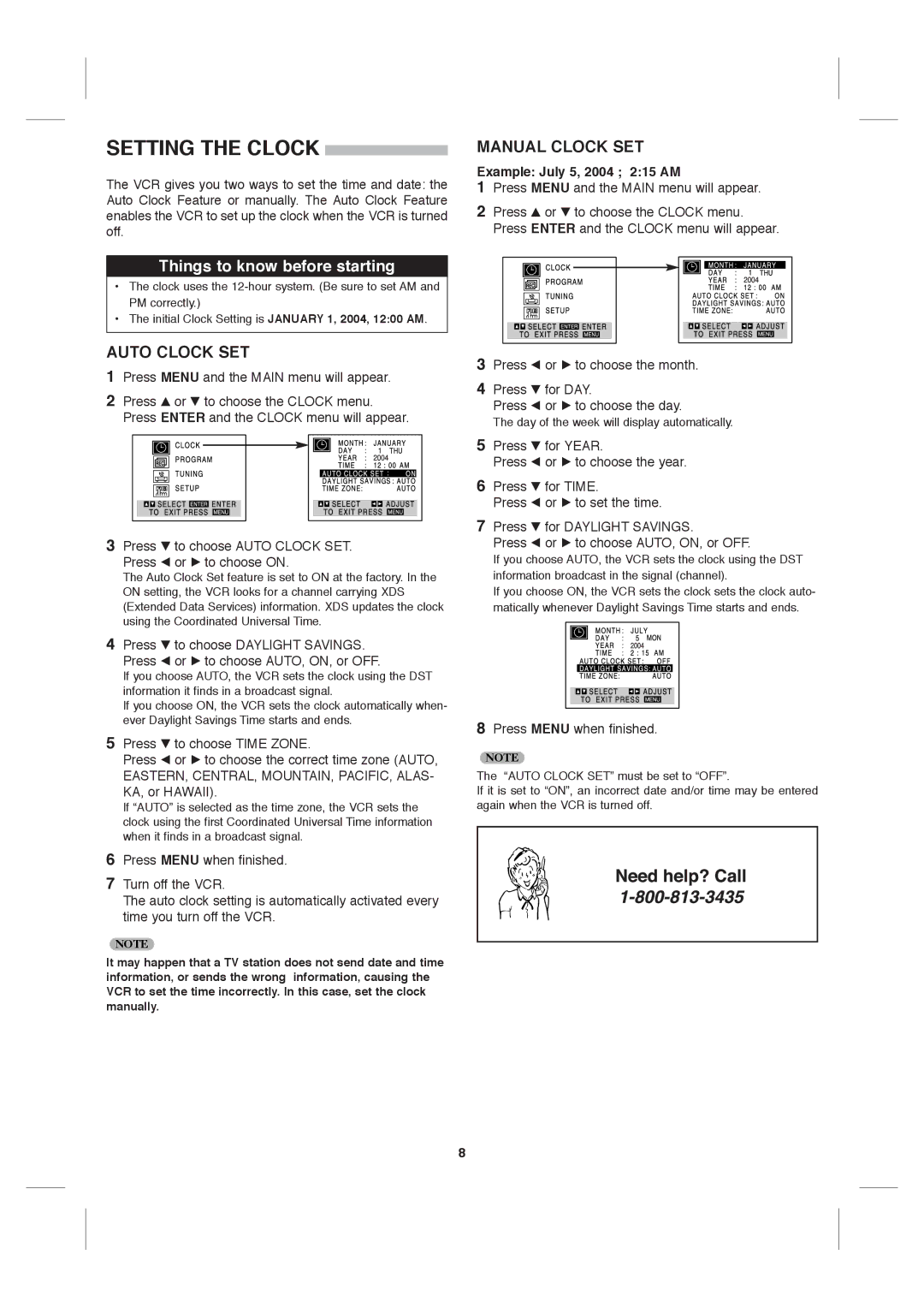 Sanyo VWM-900 instruction manual Setting the Clock, Manual Clock SET, Auto Clock SET, Example July 5, 2004 215 AM 