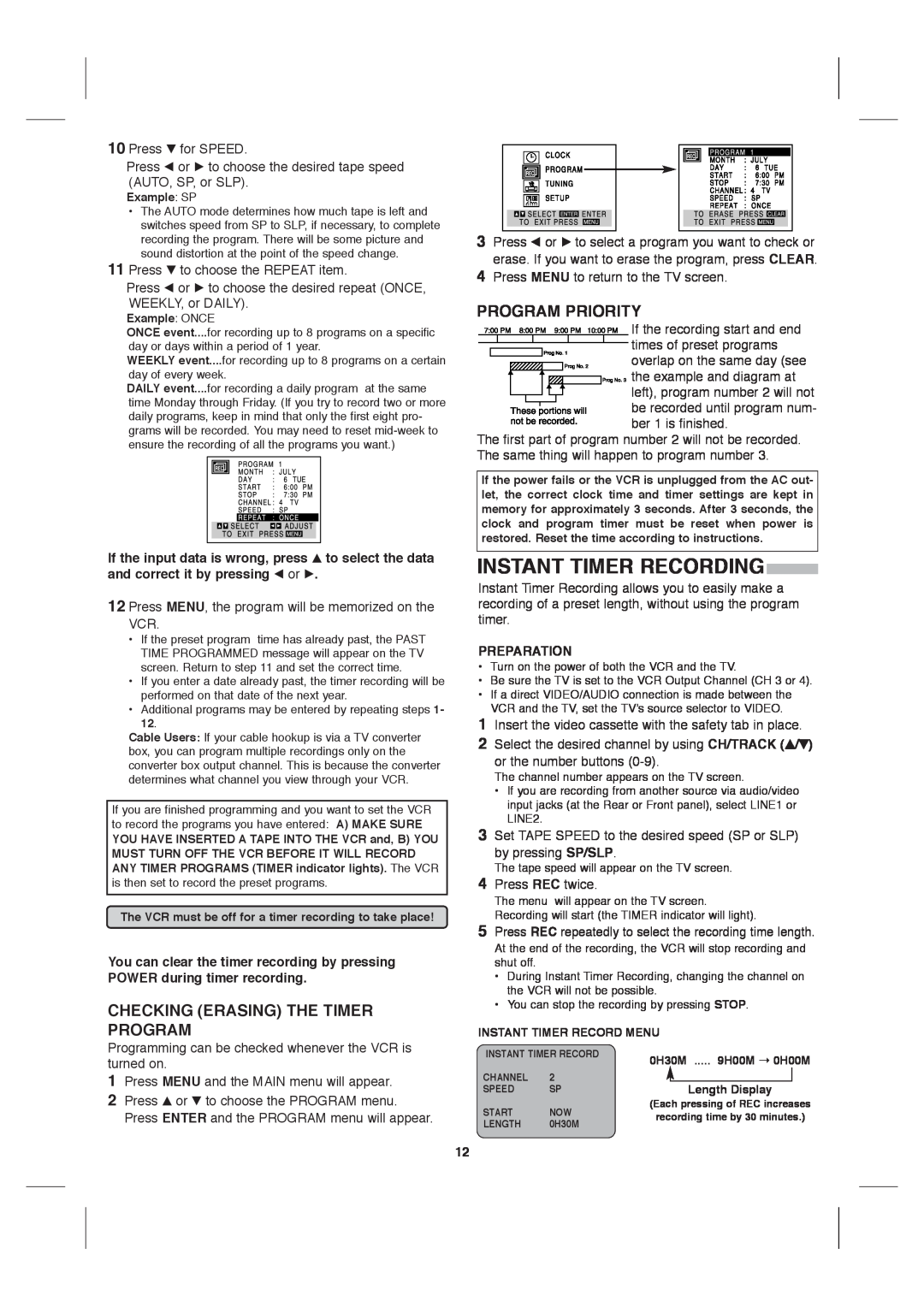 Sanyo VWM-900 instruction manual Instant Timer Recording, Checking Erasing The Timer Program, Program Priority 