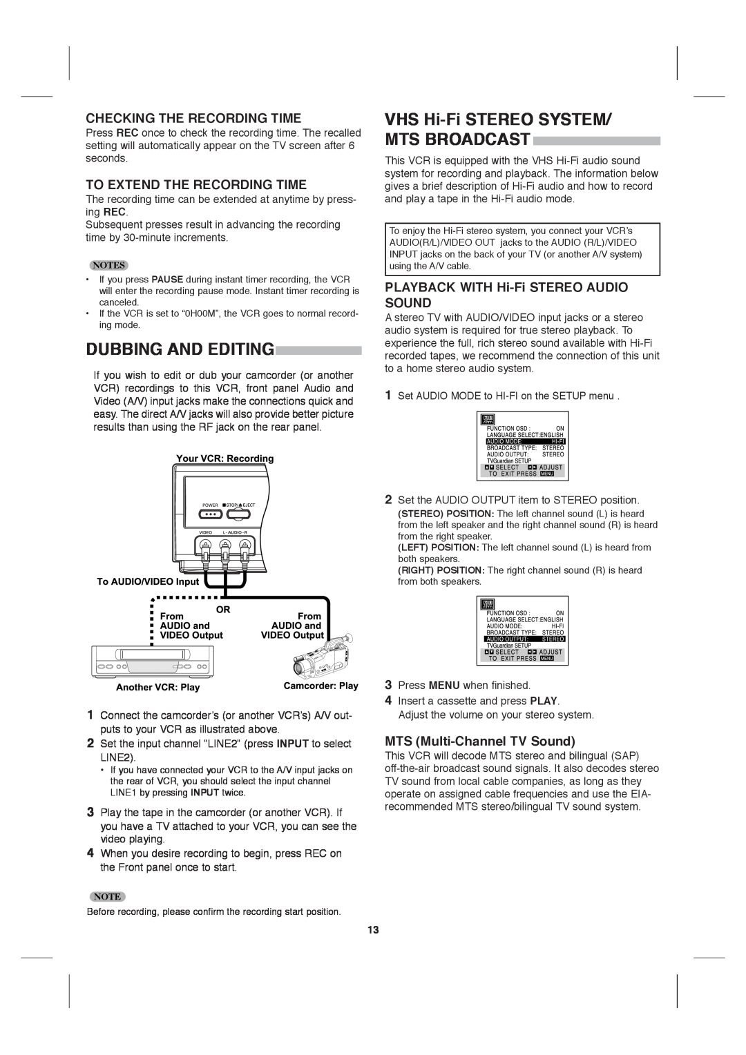 Sanyo VWM-900 instruction manual Dubbing And Editing, Checking The Recording Time, To Extend The Recording Time 