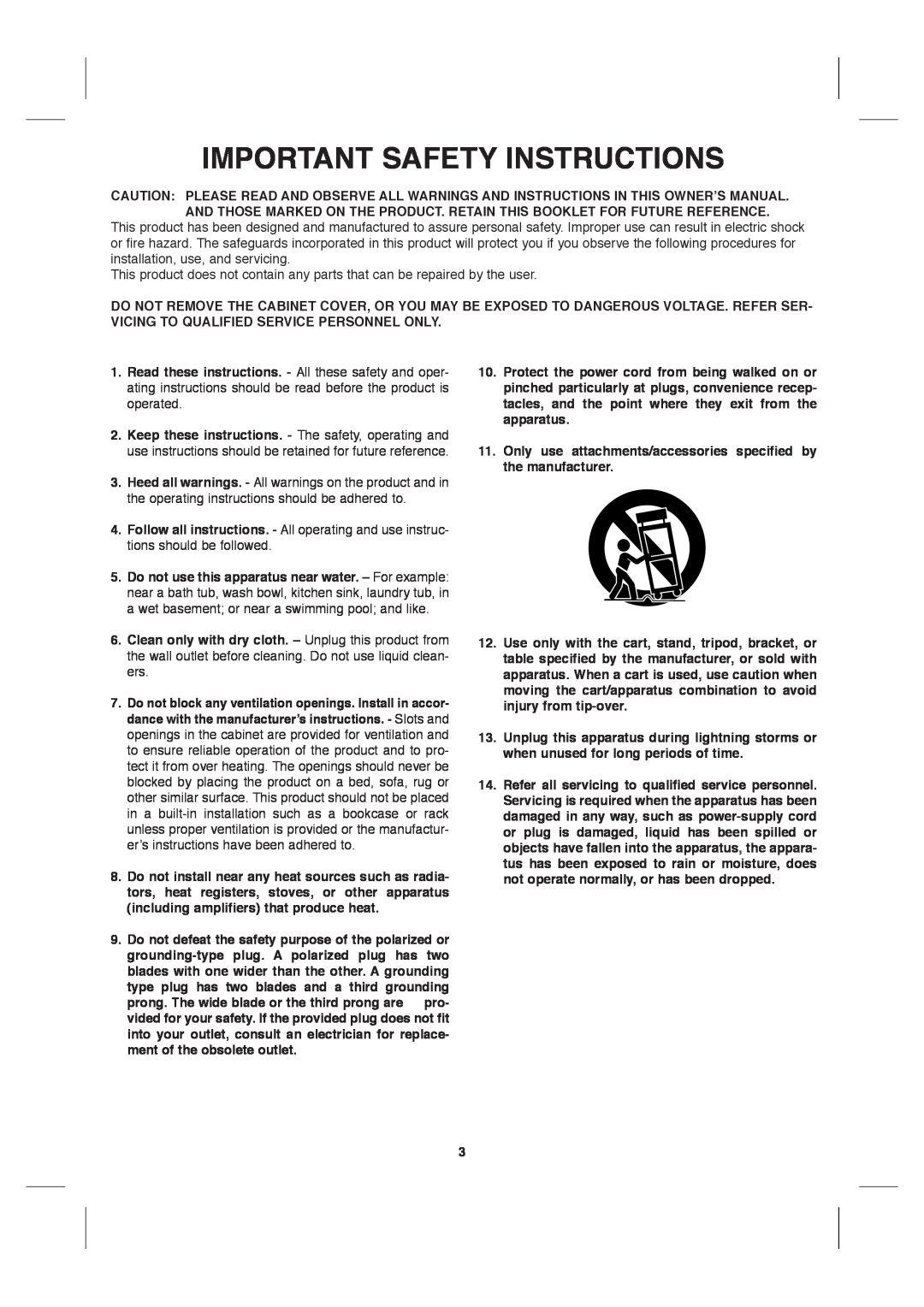 Sanyo VWM-900 instruction manual Important Safety Instructions 