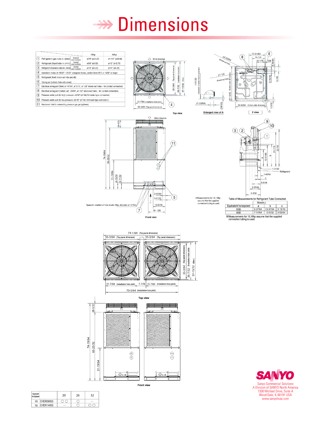 Sanyo WCHDX20053 warranty Dimensions 