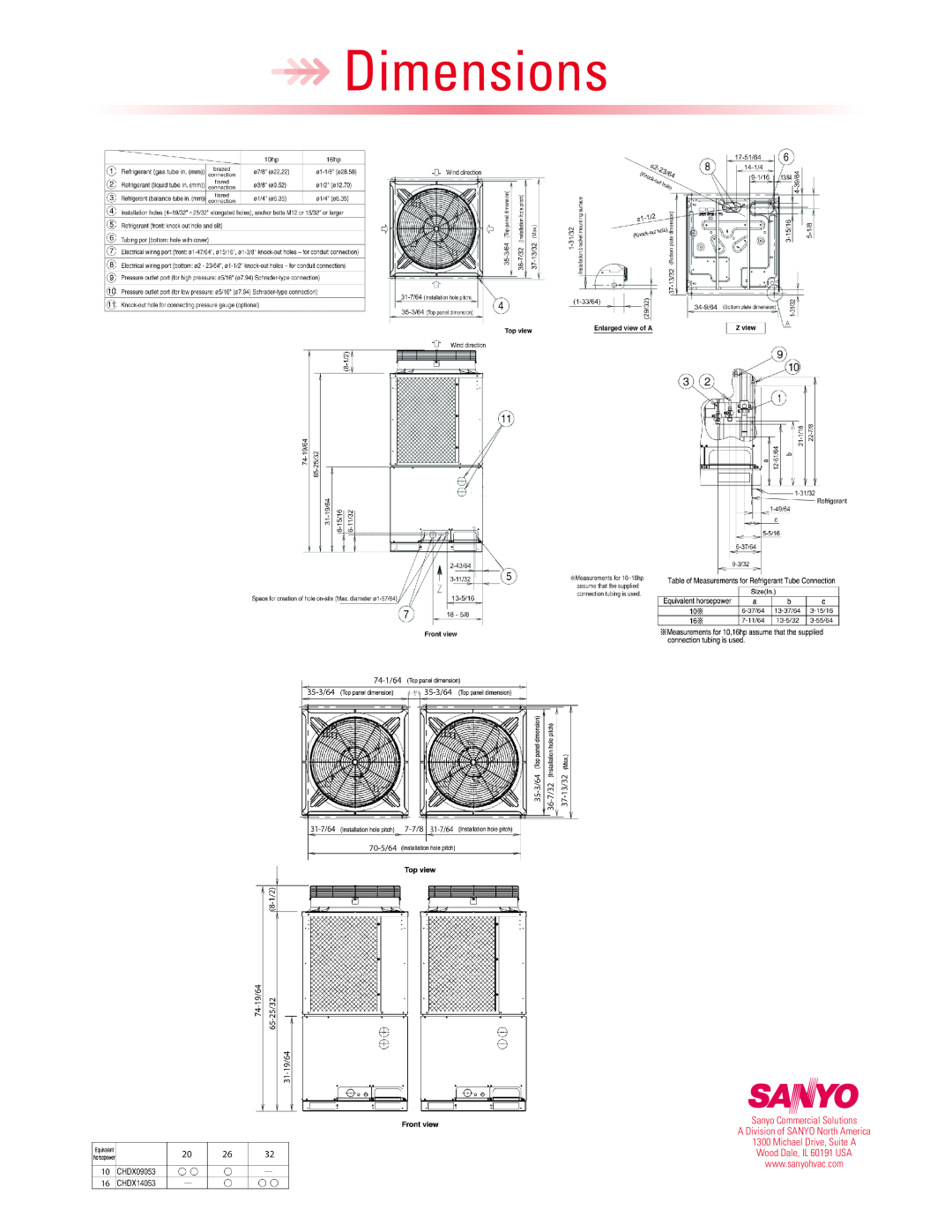 Sanyo WCHDX26053 warranty Dimensions, Sanyo Commercial Solutions, A Division of SANYO North America, Michael Drive, Suite A 