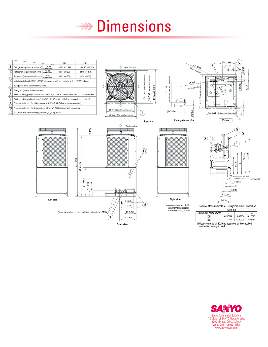 Sanyo WCHDX32053 warranty Dimensions, Sanyo Commercial Solutions, A Division of SANYO North America, Michael Drive, Suite A 