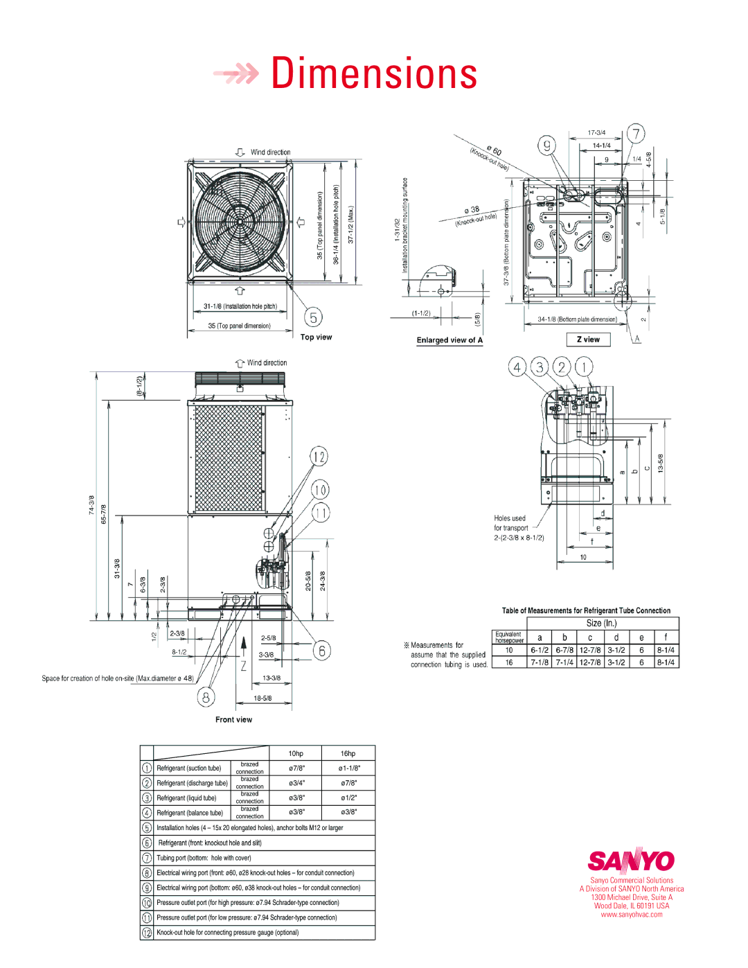 Sanyo WCHDZ20053 warranty Dimensions 