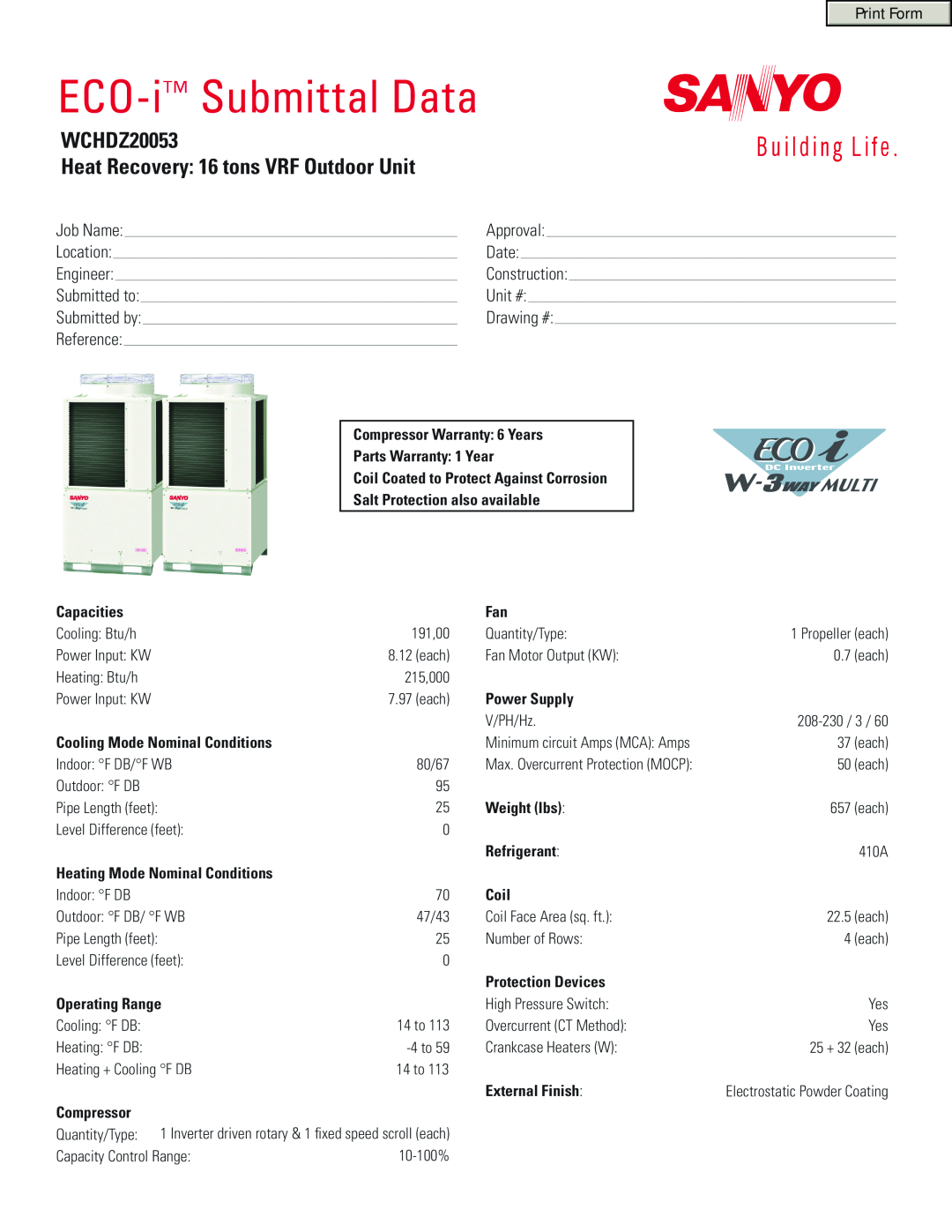 Sanyo WCHDZ20053 warranty ECO-i Submittal Data, Heat Recovery 16 tons VRF Outdoor Unit 