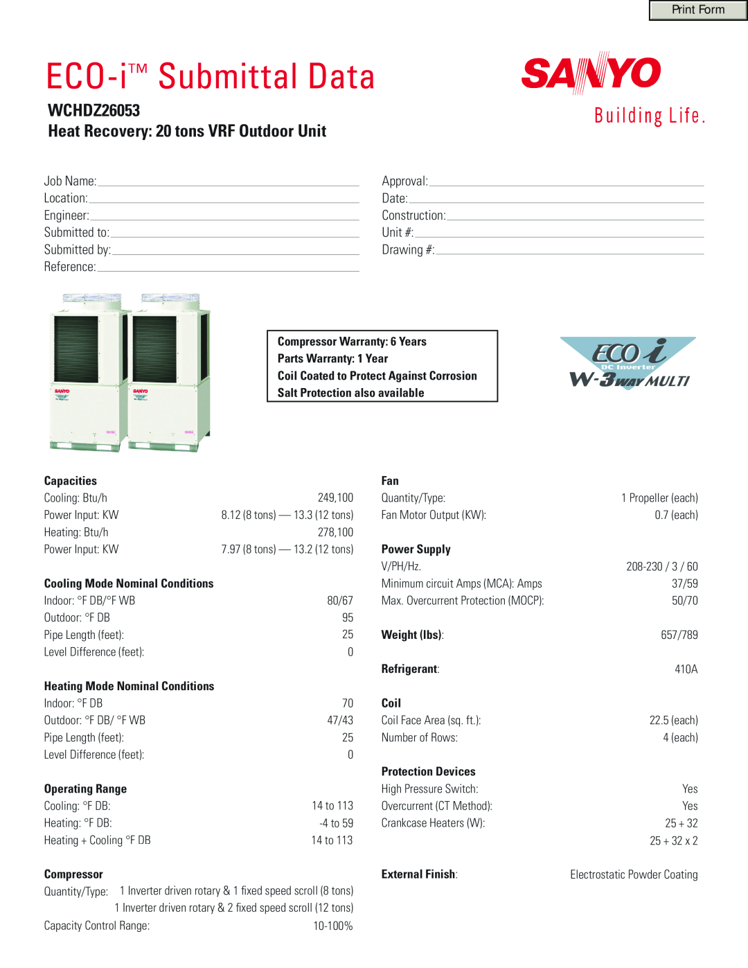 Sanyo WCHDZ26053 warranty ECO-i Submittal Data, Heat Recovery 20 tons VRF Outdoor Unit 