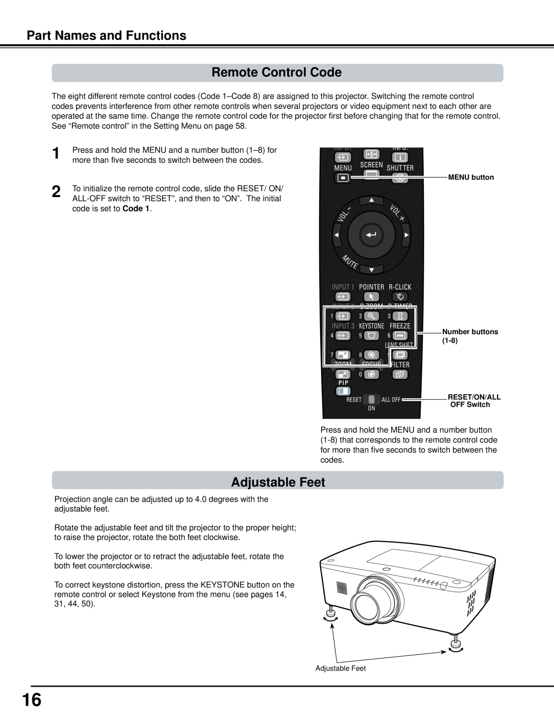 Sanyo WM5500L, PLC-WM5500 owner manual Part Names and Functions Remote Control Code, Adjustable Feet 