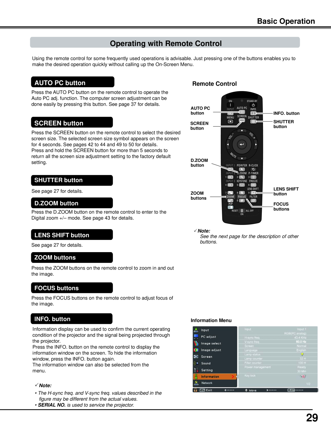 Sanyo PLC-WM5500 Basic Operation Operating with Remote Control, AUTO PC button, SCREEN button, SHUTTER button, Note 
