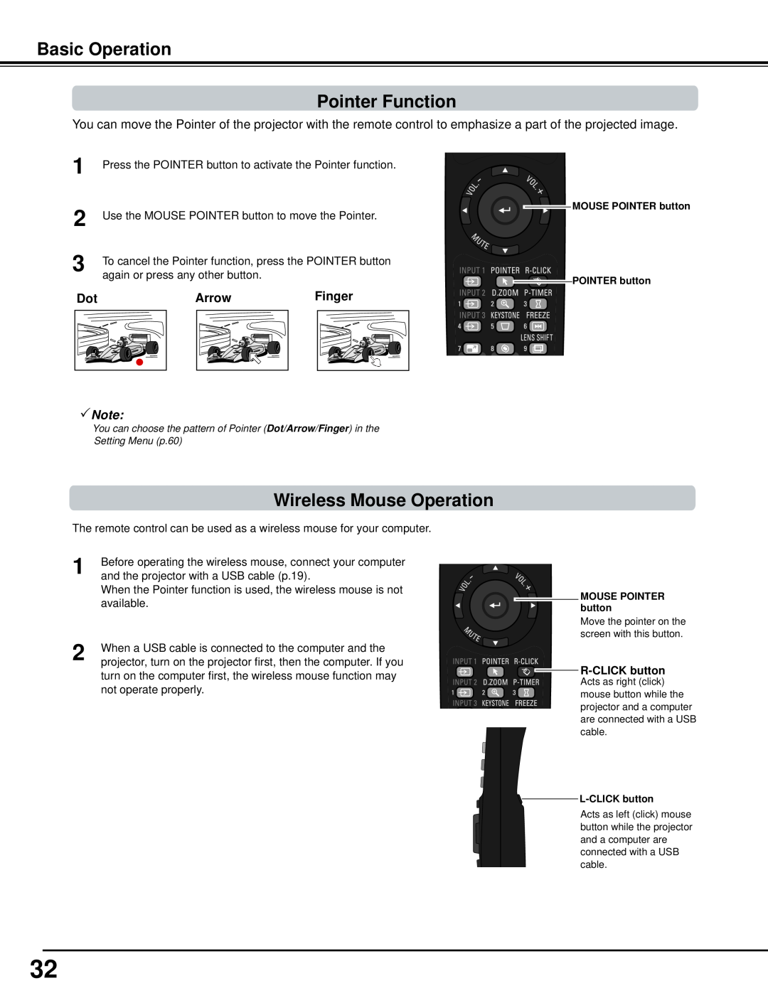 Sanyo WM5500L Basic Operation Pointer Function, Wireless Mouse Operation, Note, R-CLICK button, Setting Menu p.60 