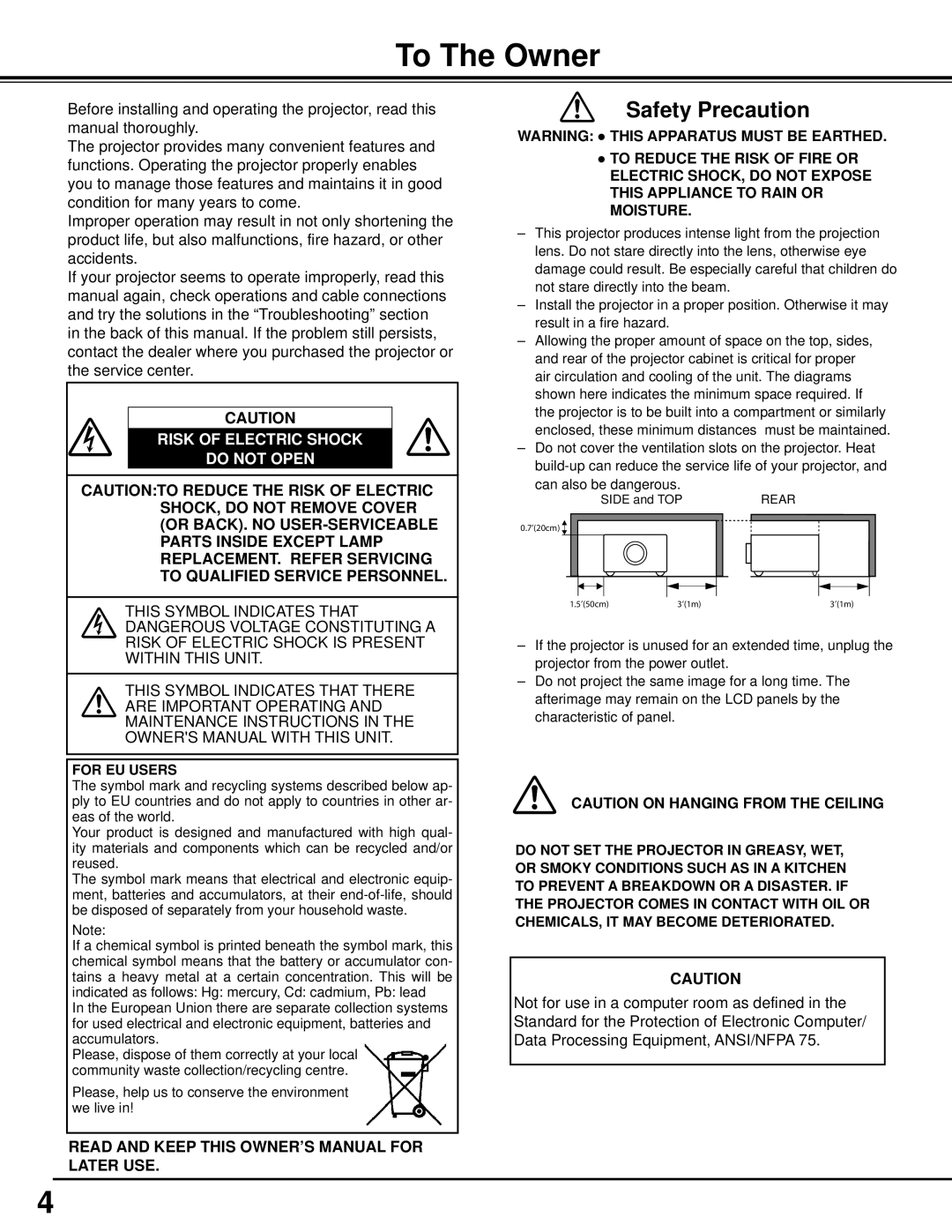 Sanyo WM5500L, PLC-WM5500 owner manual To The Owner, Safety Precaution, Risk Of Electric Shock Do Not Open 