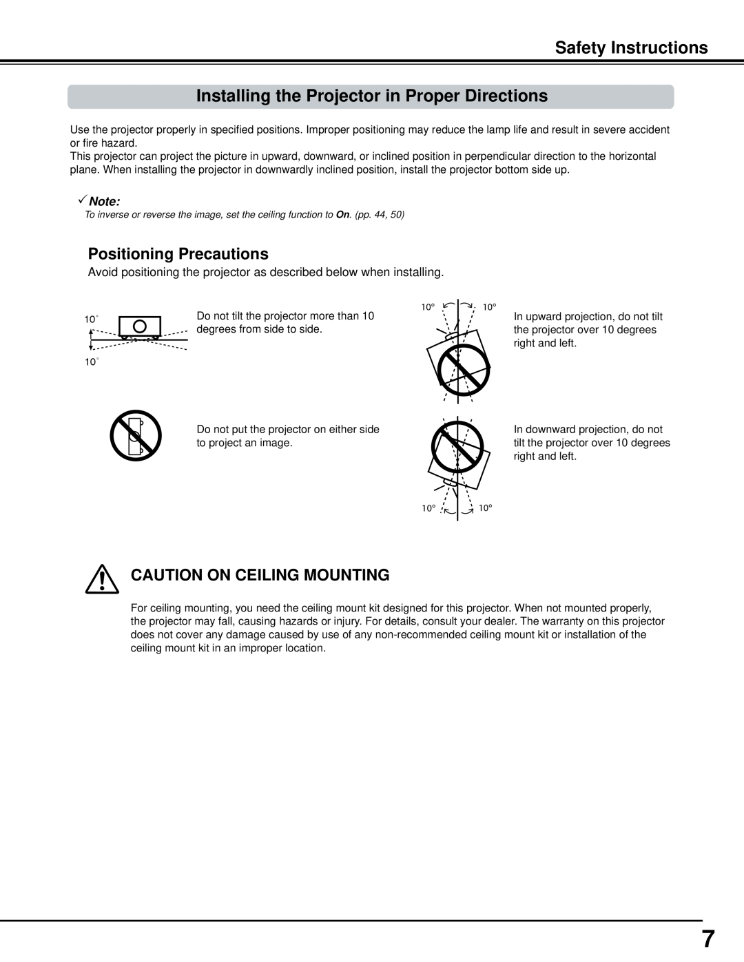 Sanyo PLC-WM5500 Safety Instructions Installing the Projector in Proper Directions, Positioning Precautions, Note 