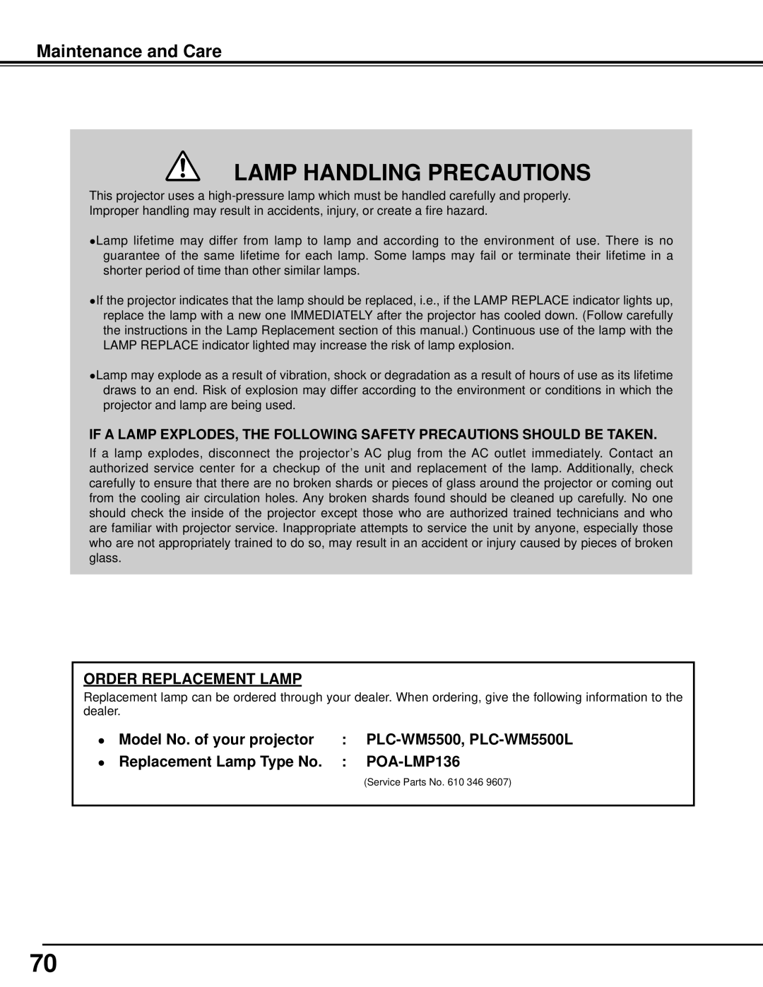 Sanyo WM5500L, PLC-WM5500 owner manual Maintenance and Care, Lamp Handling Precautions 