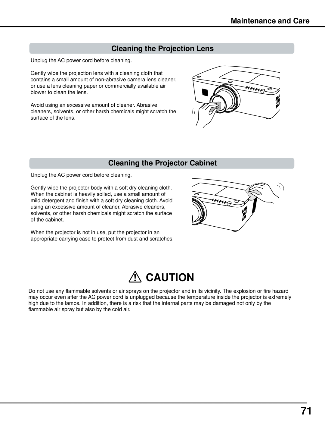 Sanyo PLC-WM5500, WM5500L owner manual Maintenance and Care Cleaning the Projection Lens, Cleaning the Projector Cabinet 