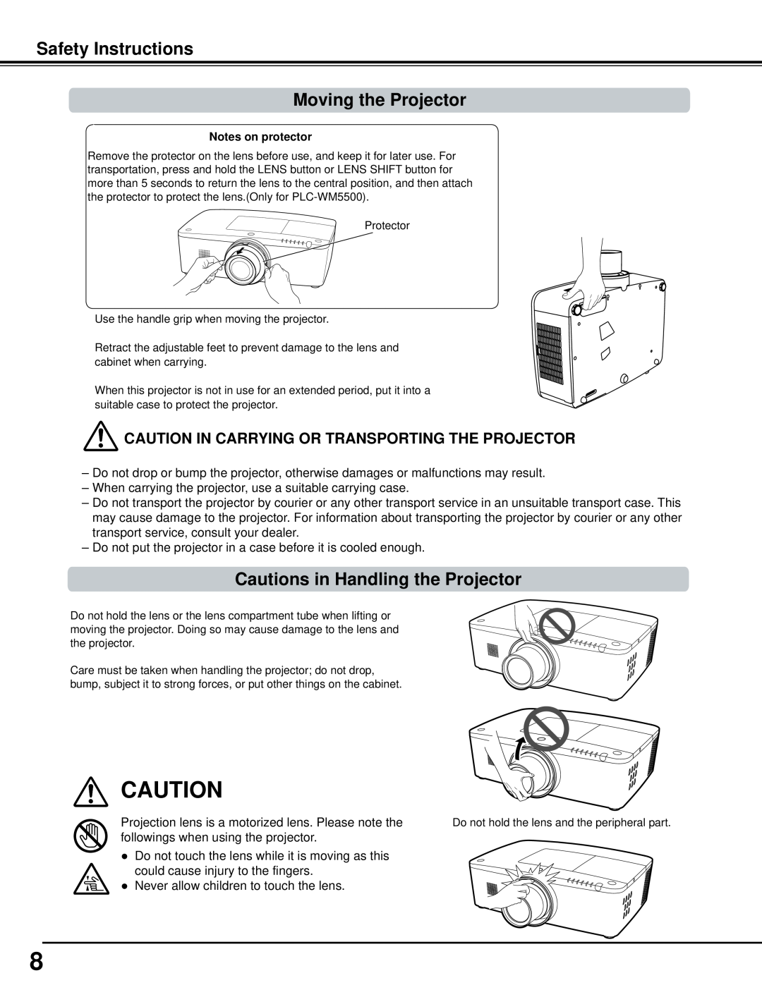 Sanyo WM5500L, PLC-WM5500 owner manual Safety Instructions Moving the Projector, Cautions in Handling the Projector 