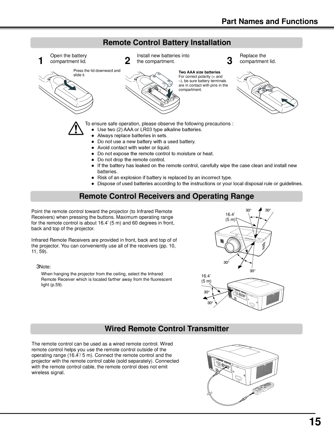 Sanyo PLC-WM5500, WM5500L owner manual Remote Control Receivers and Operating Range, Wired Remote Control Transmitter 