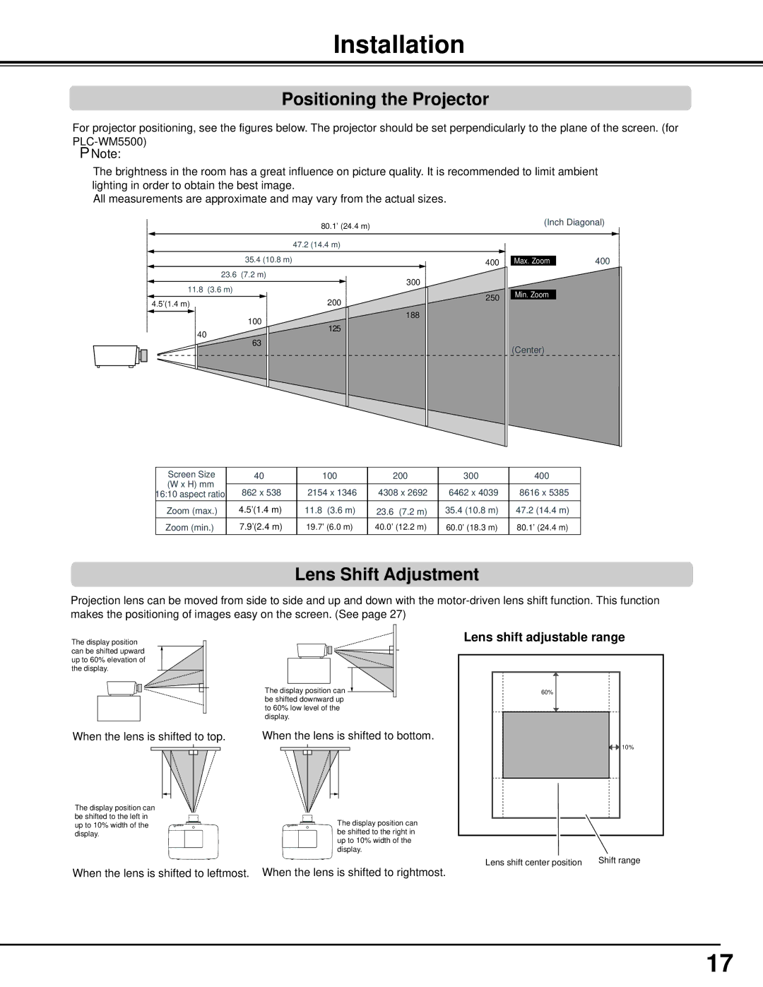 Sanyo PLC-WM5500, WM5500L Installation, Positioning the Projector, Lens Shift Adjustment, Lens shift adjustable range 